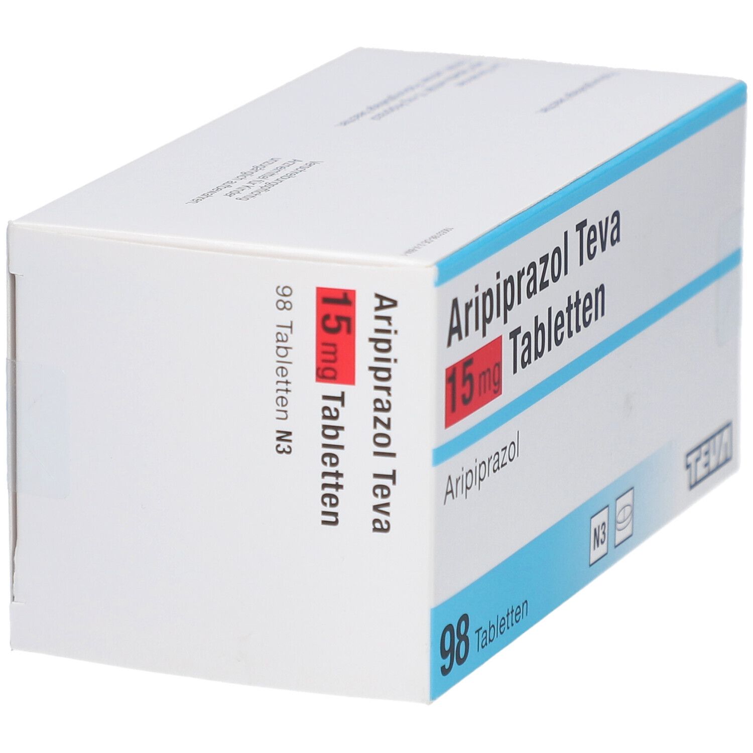 Schachtel mit ARIPIPRAZOL Teva 15 mg Tabletten. Aufschrift: 98 Tabletten, N3. TEVA-Logo.