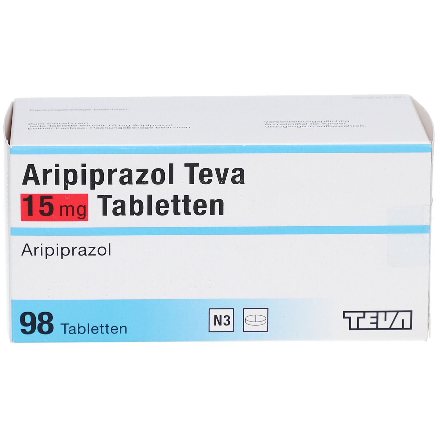 Schachtel mit ARIPIPRAZOL Teva 15 mg Tabletten. Aufschrift: 98 Tabletten, N3. TEVA-Logo.