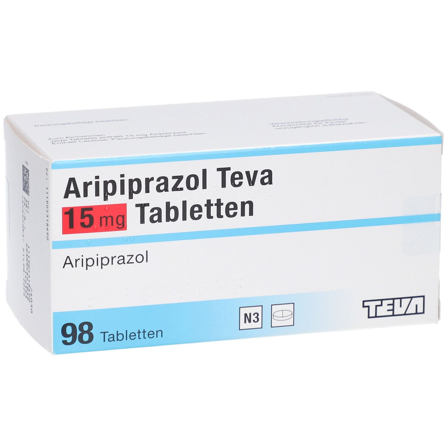 Schachtel mit ARIPIPRAZOL Teva 15 mg Tabletten. Aufschrift: 98 Tabletten, N3. TEVA-Logo.