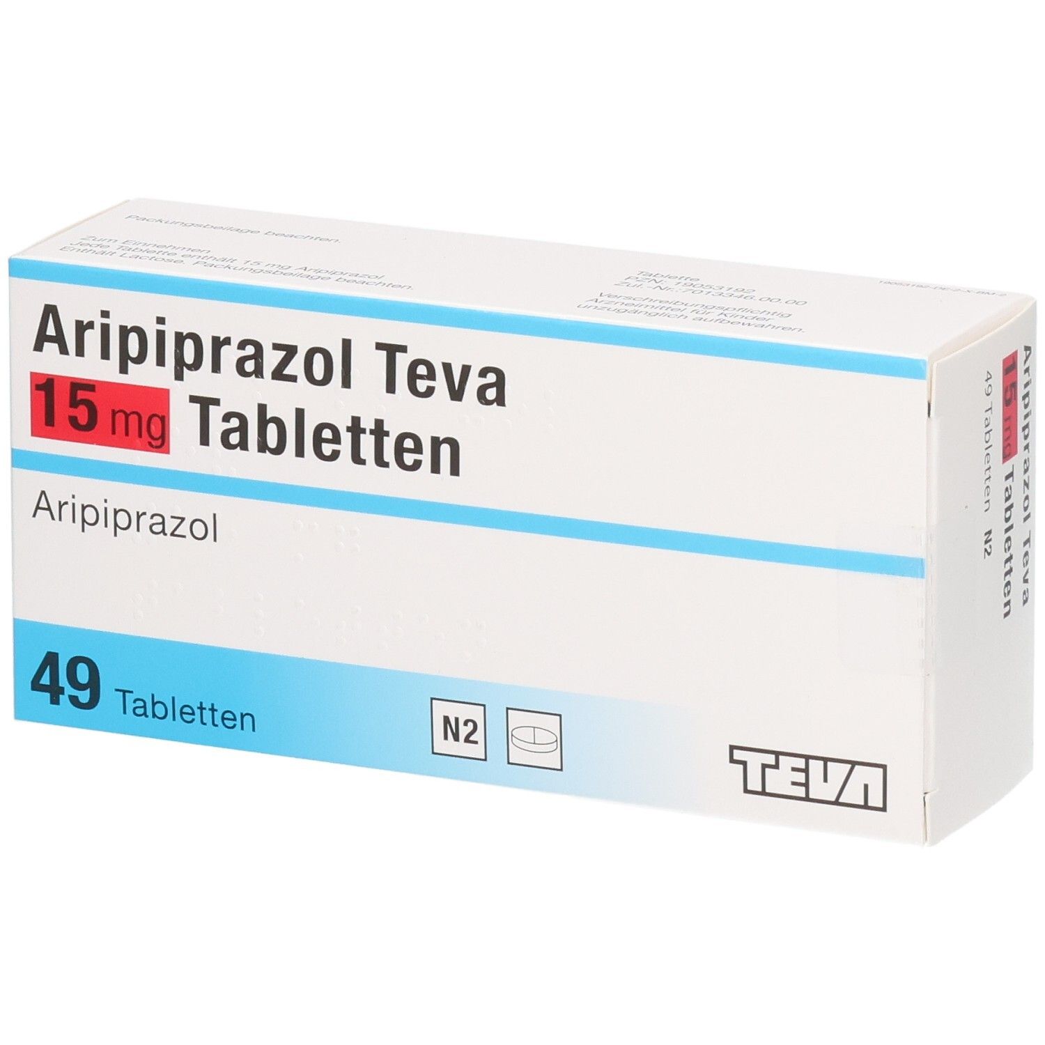 Weiße Schachtel mit blauen Streifen. Aufschrift: Aripiprazol Teva 15 mg Tabletten. 49 Tabletten. Teva Logo.