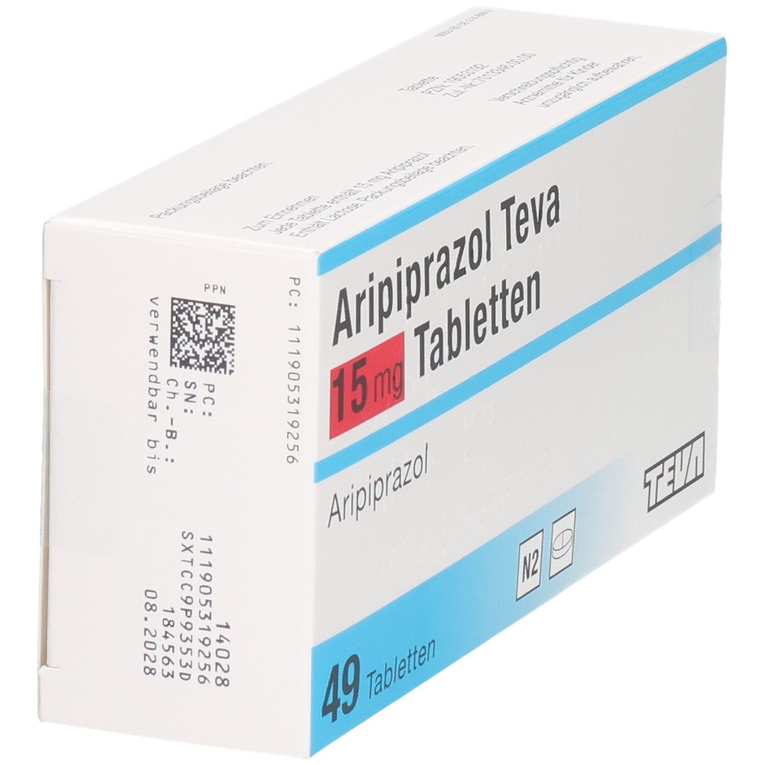 Schachtel Aripiprazol Teva 15 mg Tabletten, schräg. Aufschrift: 49 Tabletten. Teva Logo. Barcode und Verfallsdatum.