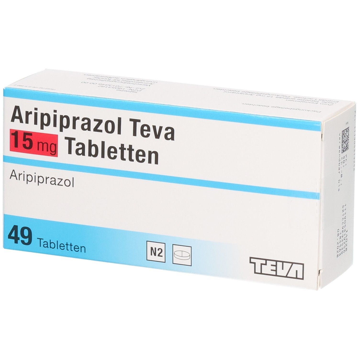 Weiße Schachtel mit blauen Streifen. Aufschrift: Aripiprazol Teva 15 mg Tabletten. 49 Tabletten. Teva Logo.