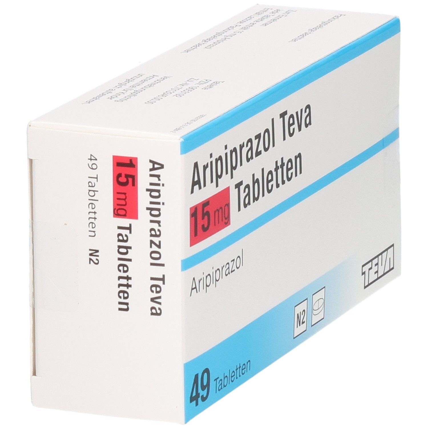 Schachtel Aripiprazol Teva 15 mg Tabletten, schräg. Aufschrift: 49 Tabletten. Teva Logo.