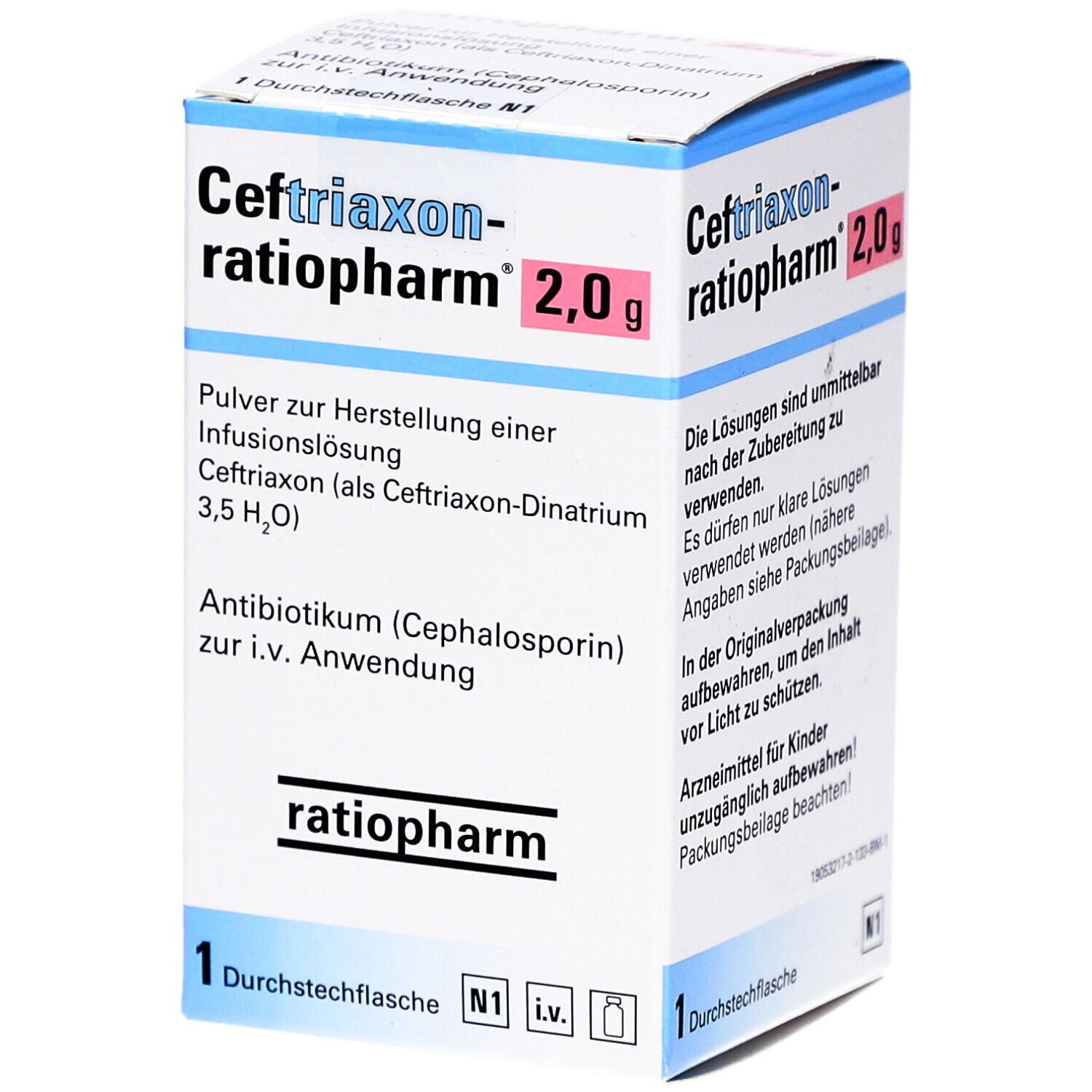 Schachtel mit "Ceftriaxon-ratiopharm 2,0 g". Enthält Pulver zur Herstellung einer Infusionslösung. Marke ratiopharm.