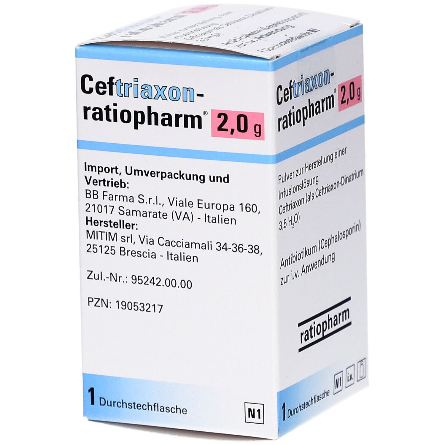Schachtel mit "Ceftriaxon-ratiopharm 2,0 g". Herstellerinformationen und Zulassungsnummer. Marke ratiopharm.