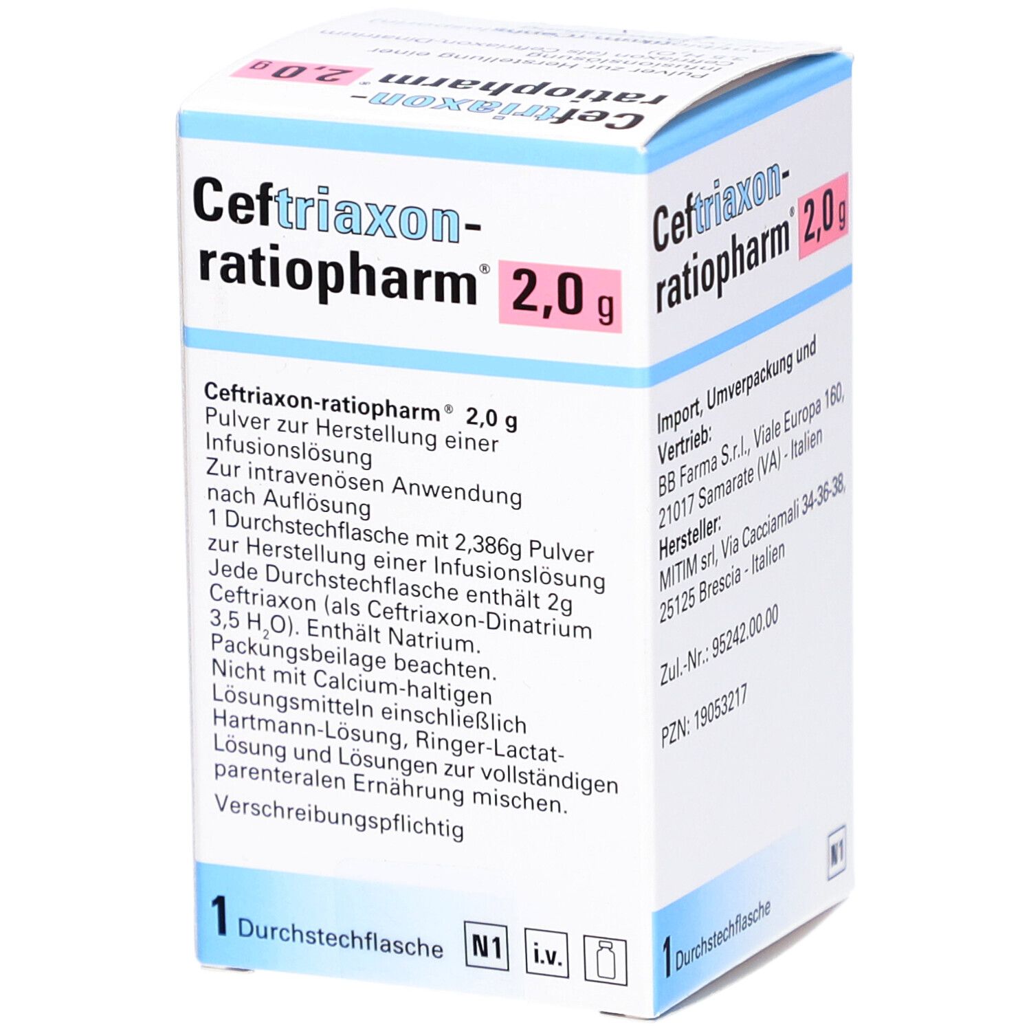 Schachtel mit "Ceftriaxon-ratiopharm 2,0 g". Enthält Pulver zur Herstellung einer Infusionslösung. Marke ratiopharm.