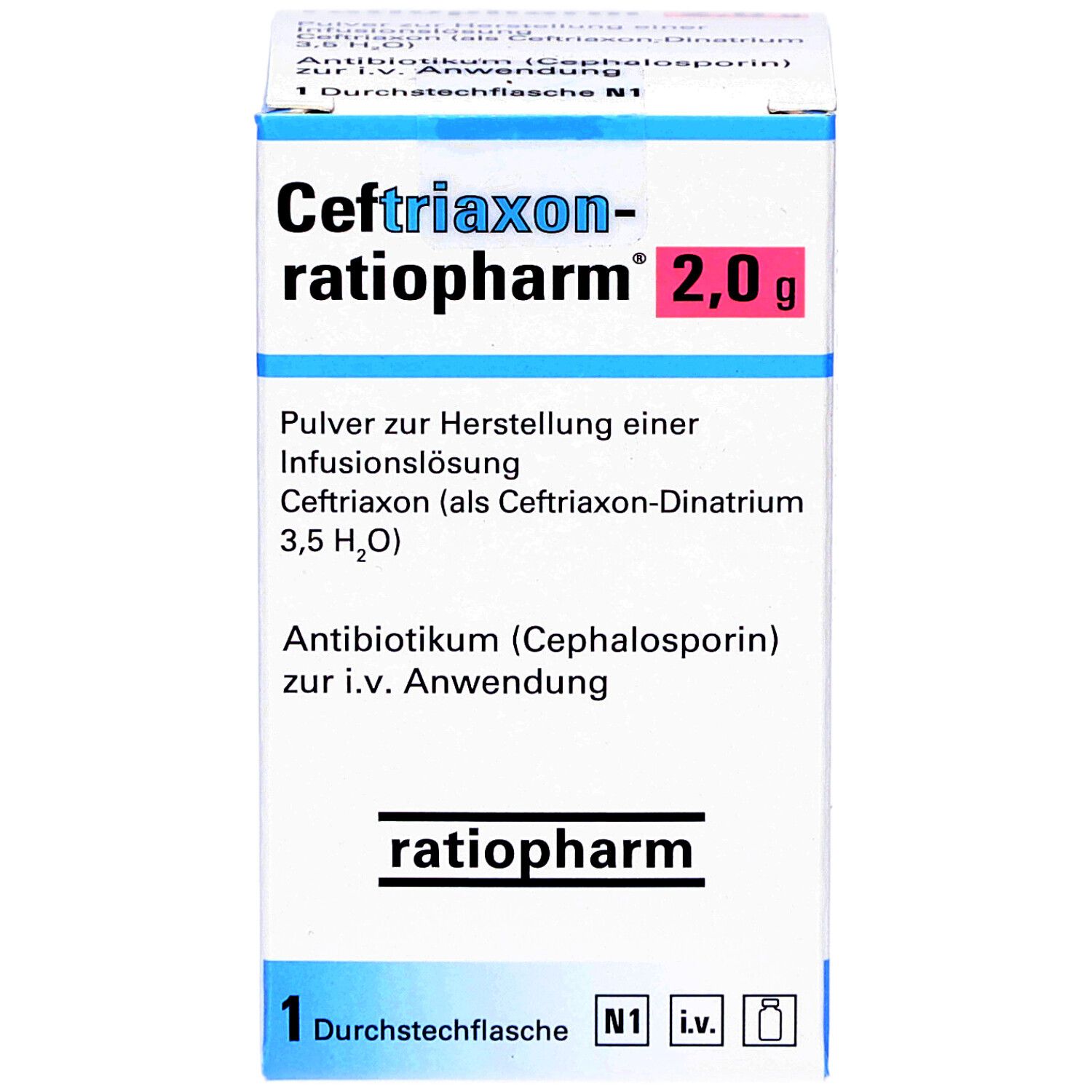 Schachtel mit "Ceftriaxon-ratiopharm 2,0 g". Enthält Pulver zur Herstellung einer Infusionslösung. Marke ratiopharm.