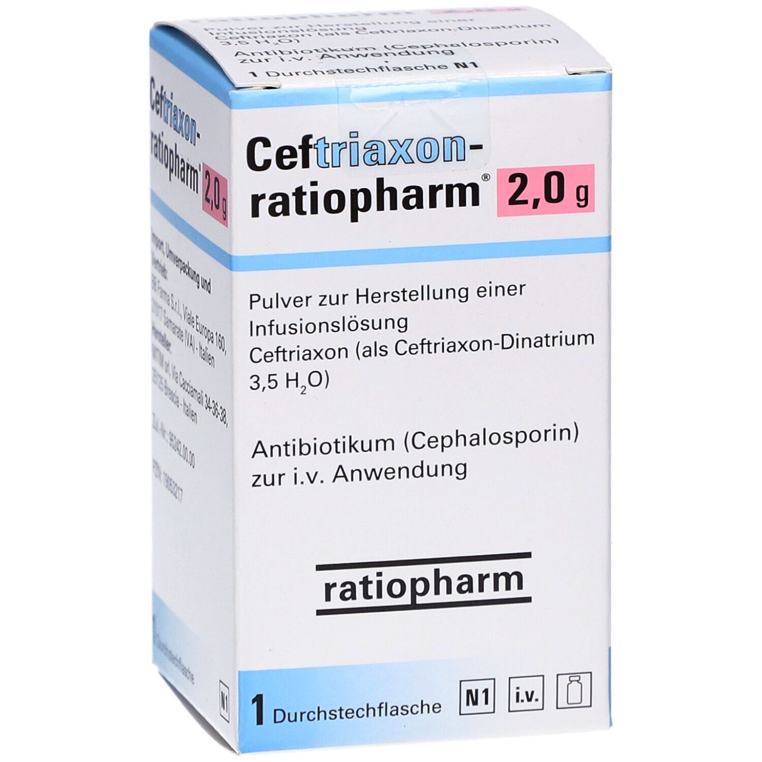 Schachtel mit "Ceftriaxon-ratiopharm 2,0 g". Enthält Pulver zur Herstellung einer Infusionslösung. Marke ratiopharm.