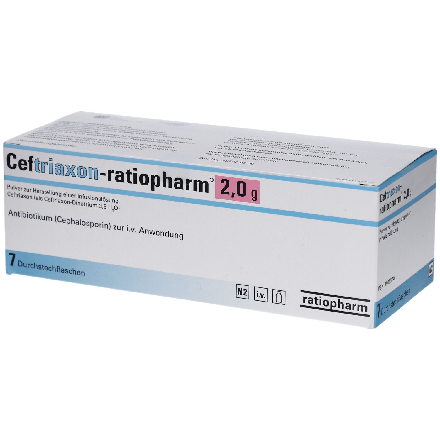 Packung Ceftriaxon-ratiopharm 2,0 g. 7 Durchstechflaschen. Antibioticum (Cephalosporin) zur i.v. Anwendung.