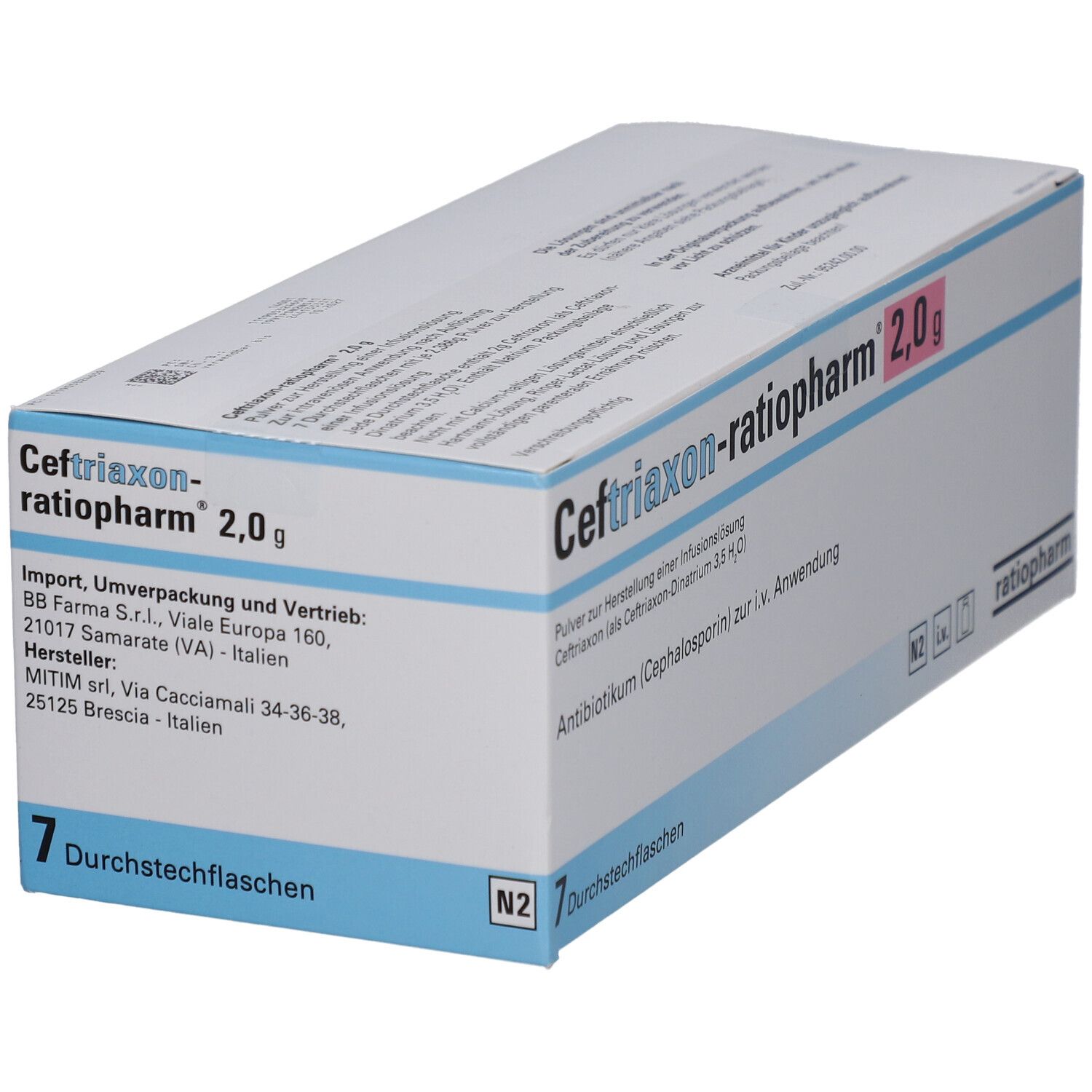 Ceftriaxon-ratiopharm 2,0 g Packung. 7 Durchstechflaschen. Antibioticum (Cephalosporin) zur i.v. Anwendung.
