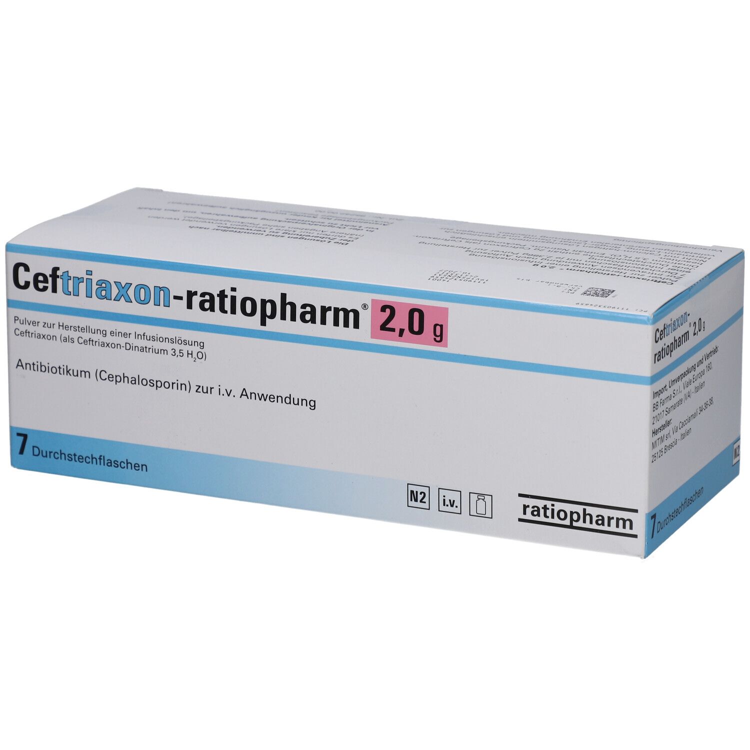 Ceftriaxon-ratiopharm 2,0 g Packung. 7 Durchstechflaschen. Antibioticum (Cephalosporin) zur i.v. Anwendung.