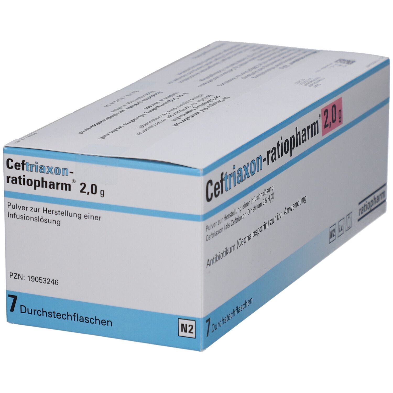 Ceftriaxon-ratiopharm 2,0 g Packung. 7 Durchstechflaschen. Antibioticum (Cephalosporin) zur i.v. Anwendung.