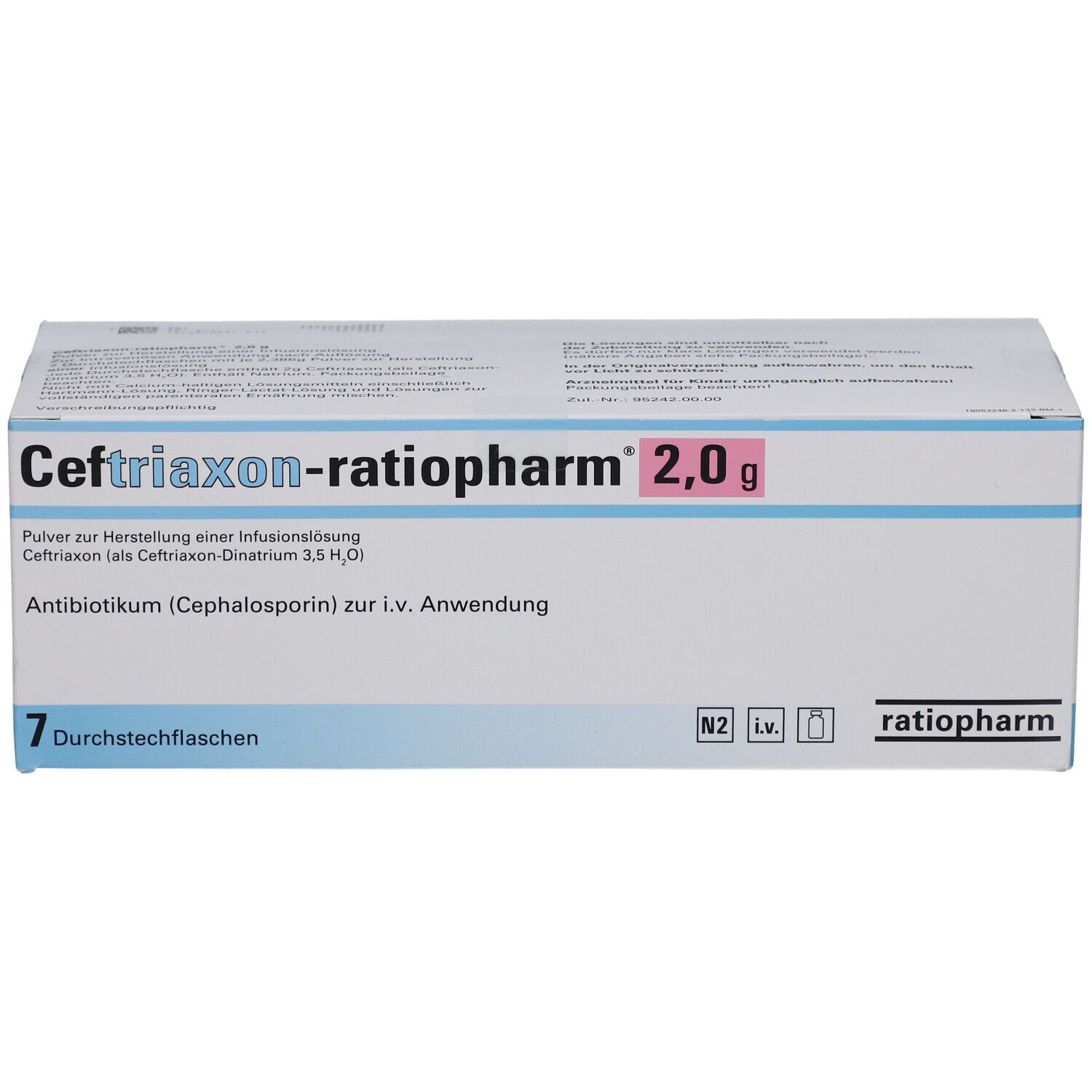 Ceftriaxon-ratiopharm 2,0 g Packung. 7 Durchstechflaschen. Antibioticum (Cephalosporin) zur i.v. Anwendung.
