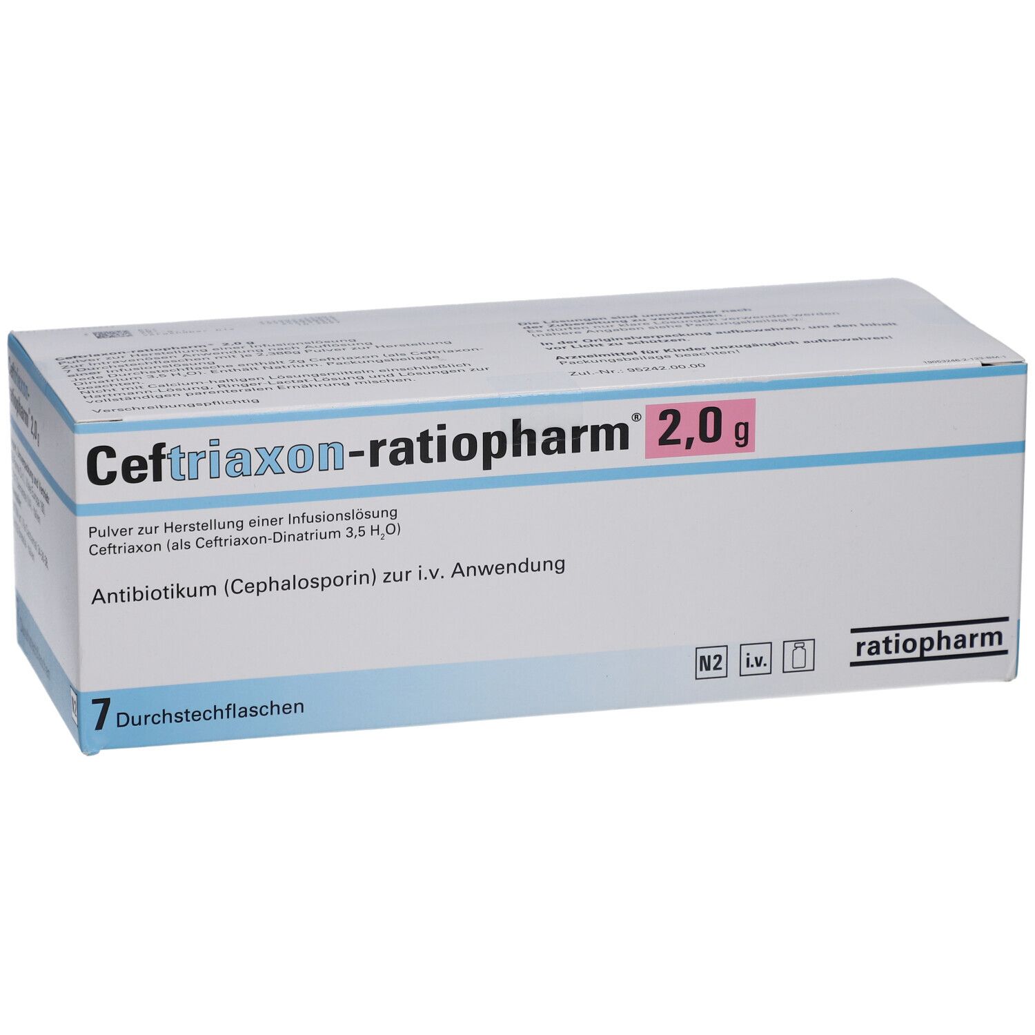 Ceftriaxon-ratiopharm 2,0 g Packung. 7 Durchstechflaschen. Antibioticum (Cephalosporin) zur i.v. Anwendung.