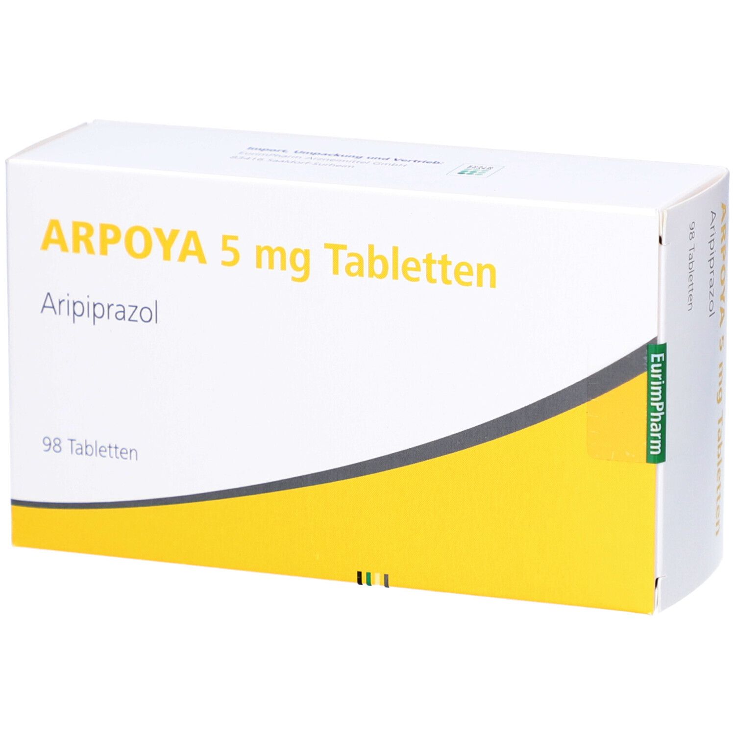 Weiße Schachtel mit gelbem Akzent. Aufschrift: ARPOYA 5 mg Tabletten, Aripiprazol, 98 Tabletten. EurimPharm-Logo.
