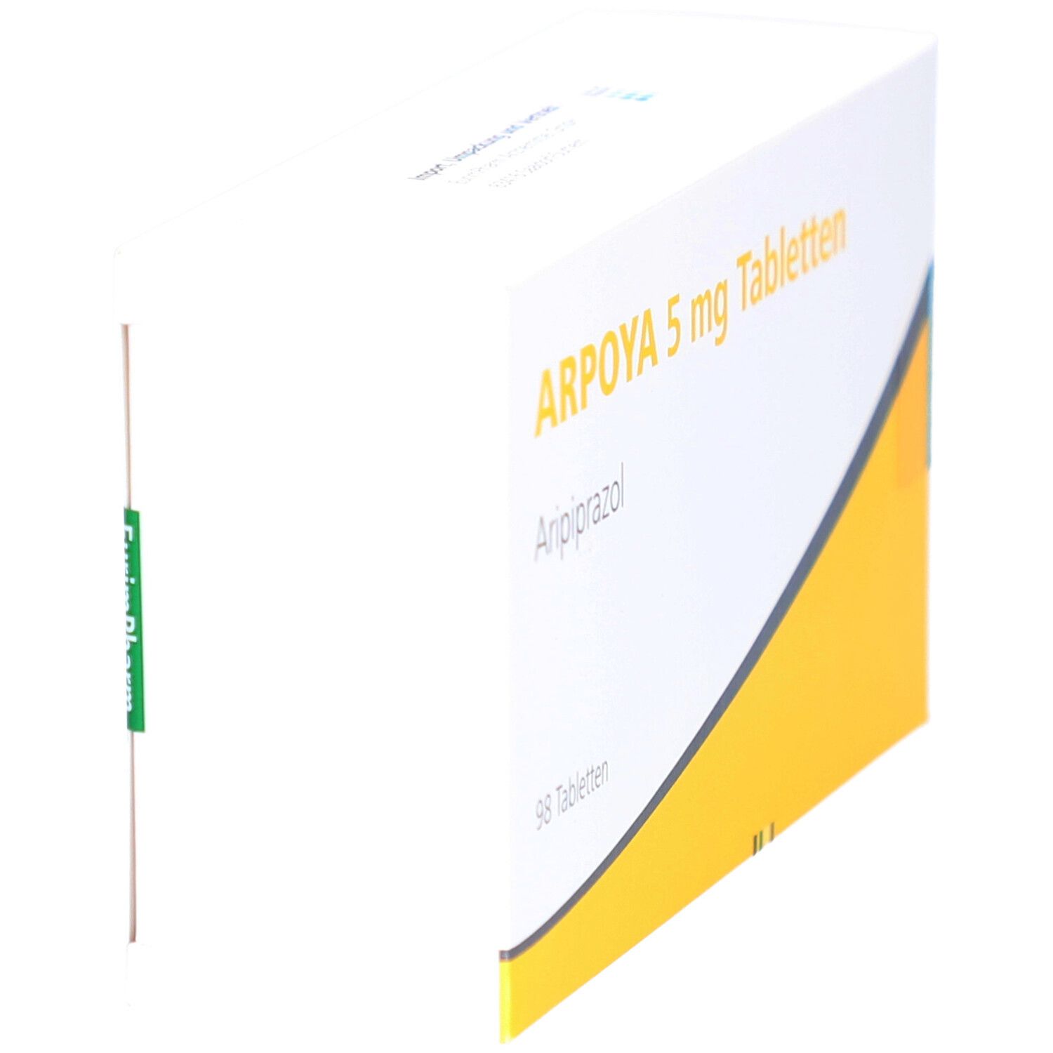 Weiße Schachtel, teilweise geöffnet. Aufschrift: ARPOYA 5 mg Tabletten, Aripiprazol, 98 Tabletten. EurimPharm-Logo.