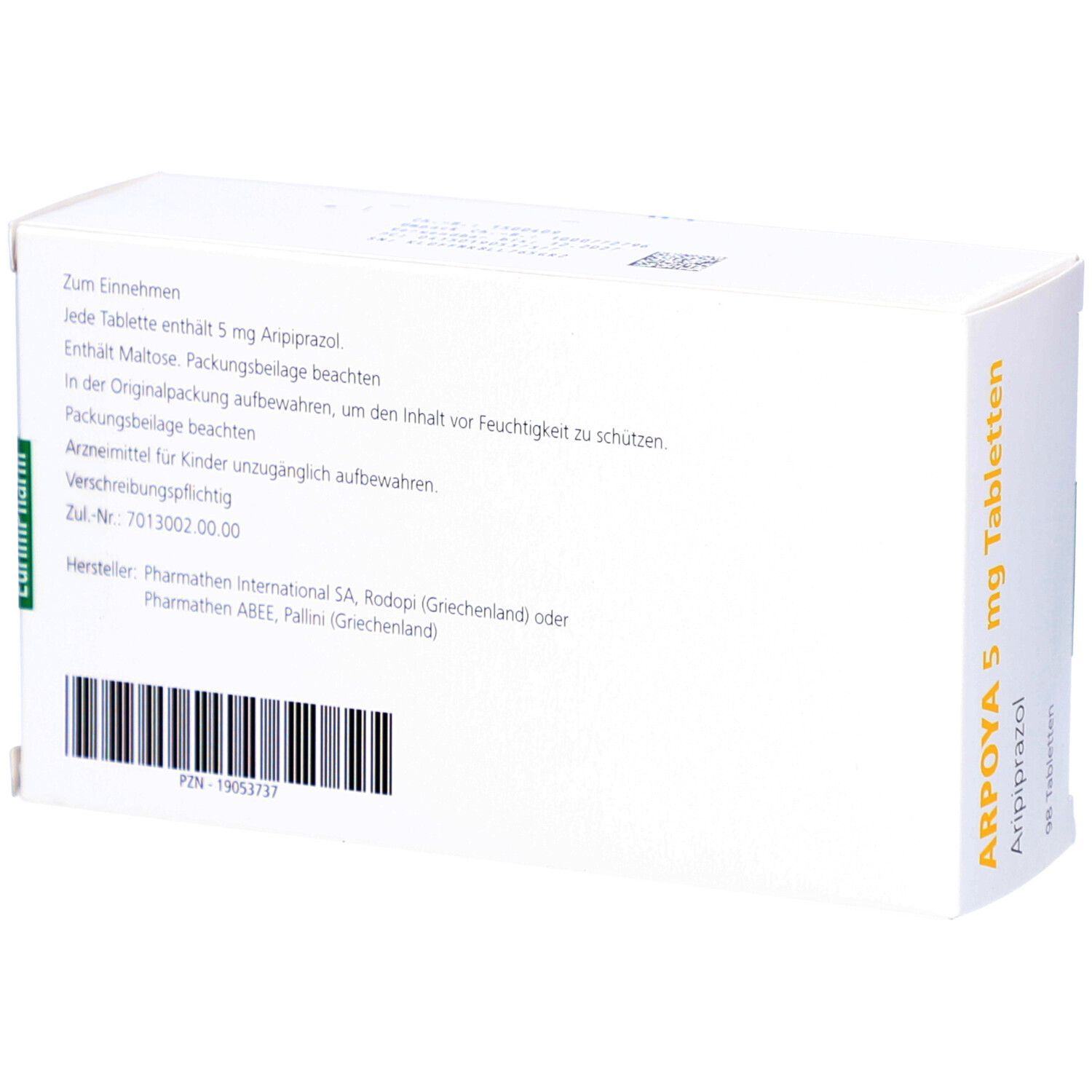 Rückseite einer weißen Schachtel. Text: Informationen zu ARPOYA 5 mg Tabletten. Barcode und EurimPharm-Logo.