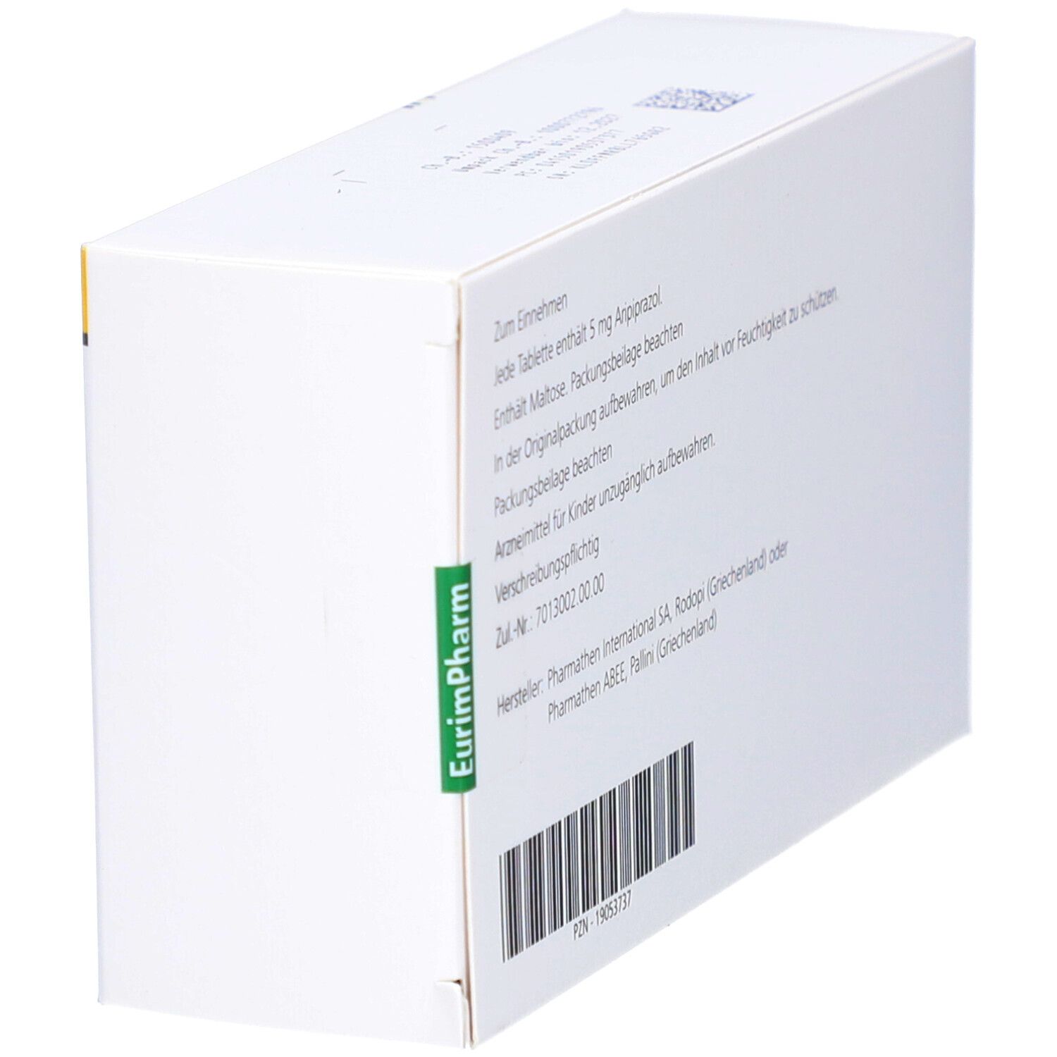 Schachtel von hinten und Seite. Text: Informationen zu ARPOYA 5 mg Tabletten. Barcode und EurimPharm-Logo.