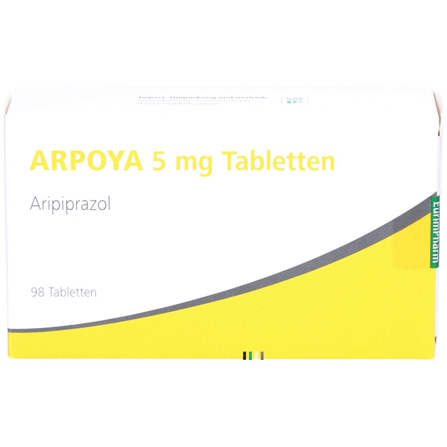 Weiße Schachtel mit gelbem Akzent. Aufschrift: ARPOYA 5 mg Tabletten, Aripiprazol, 98 Tabletten. EurimPharm-Logo.