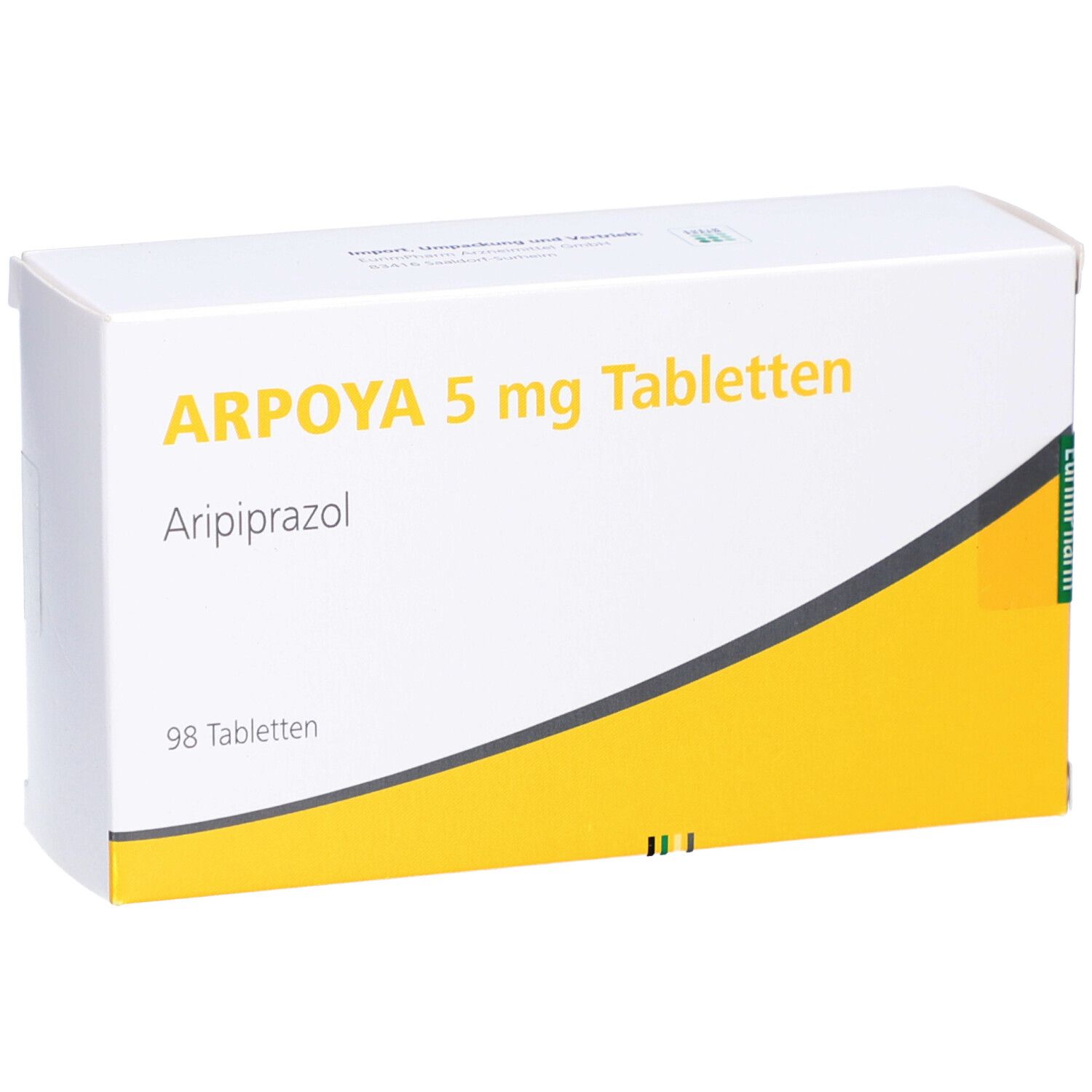 Weiße Schachtel mit gelbem Akzent. Aufschrift: ARPOYA 5 mg Tabletten, Aripiprazol, 98 Tabletten. EurimPharm-Logo.