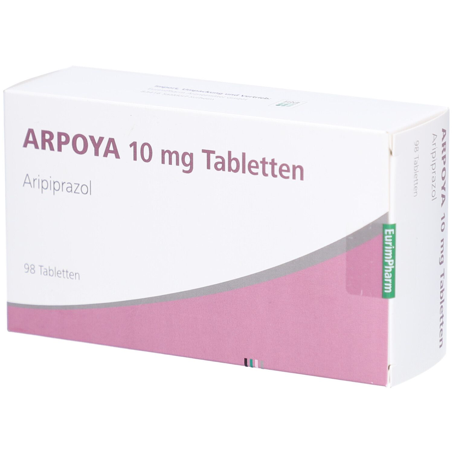 Schachtel ARPOYA 10 mg Tabletten. Weiß, rosa Akzent. Text: Aripiprazol, 98 Tabletten. EurimPharm-Logo.