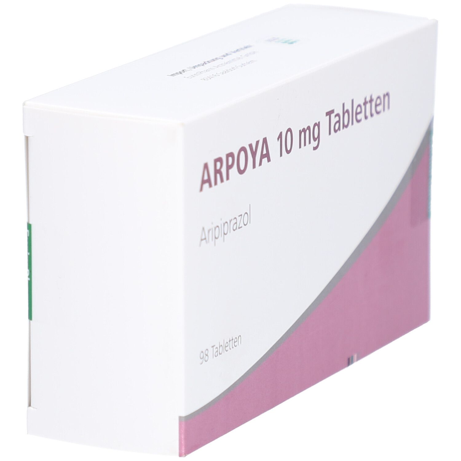 Schachtel ARPOYA 10 mg Tabletten. Weiß, rosa Akzent. Text: Aripiprazol, 98 Tabletten. EurimPharm-Logo.