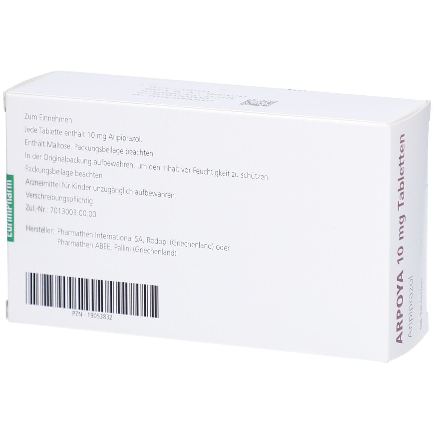 Rückseite der Schachtel ARPOYA 10 mg Tabletten. Text: Inhaltsstoffe, Hersteller, Chargennummer, PZN. EurimPharm-Logo.