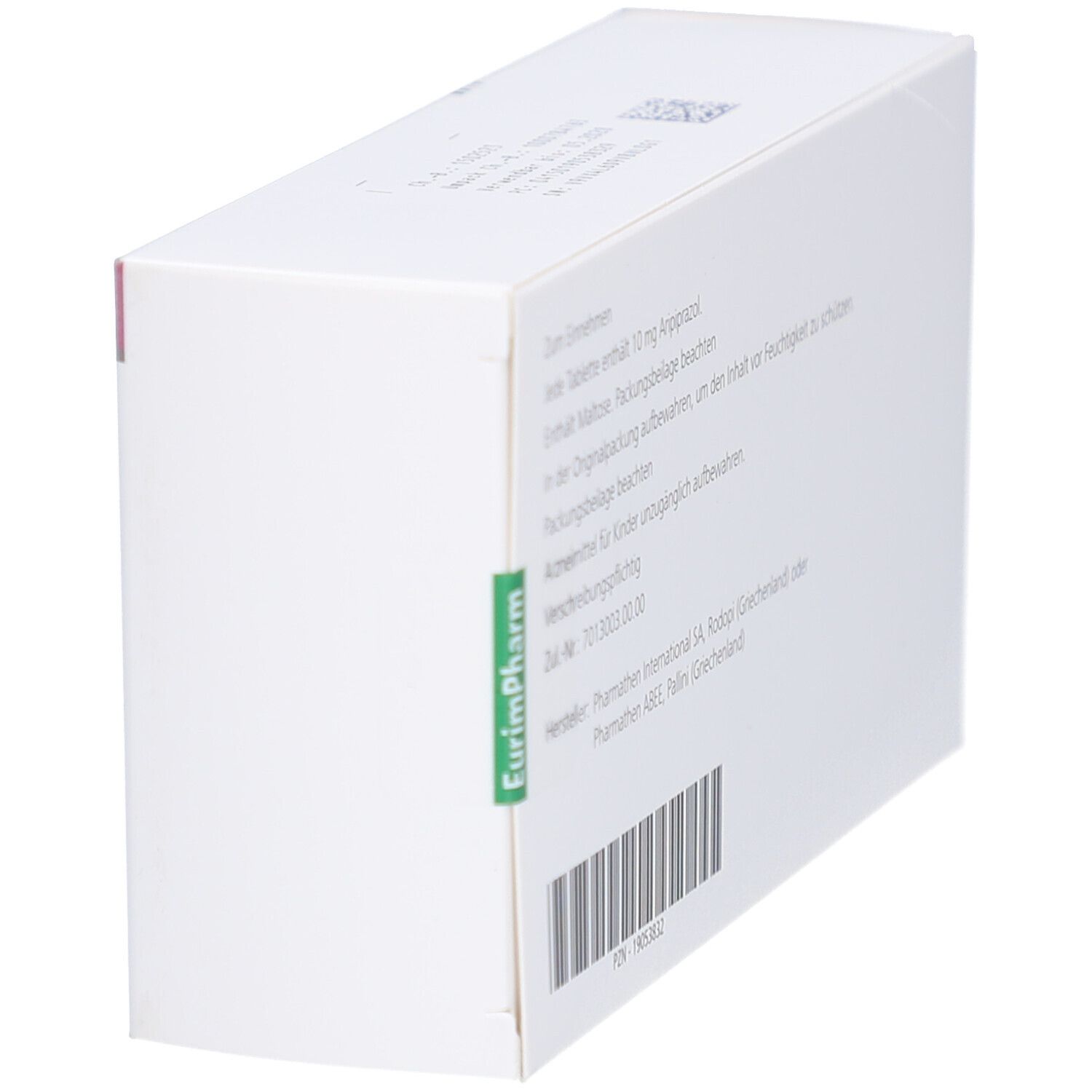 Seite der Schachtel ARPOYA 10 mg Tabletten. Text: Hersteller, Chargennummer, Barcode. EurimPharm-Logo.