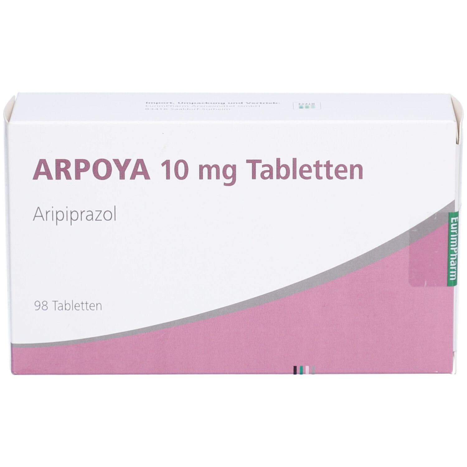 Schachtel ARPOYA 10 mg Tabletten. Weiß, rosa Akzent. Text: Aripiprazol, 98 Tabletten. EurimPharm-Logo.