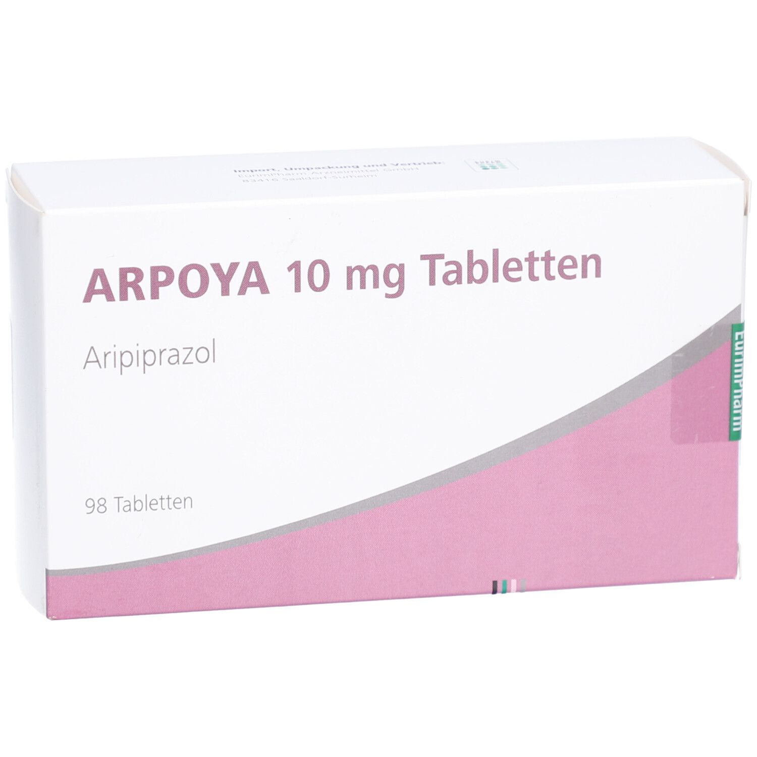 Schachtel ARPOYA 10 mg Tabletten. Weiß, rosa Akzent. Text: Aripiprazol, 98 Tabletten. EurimPharm-Logo.