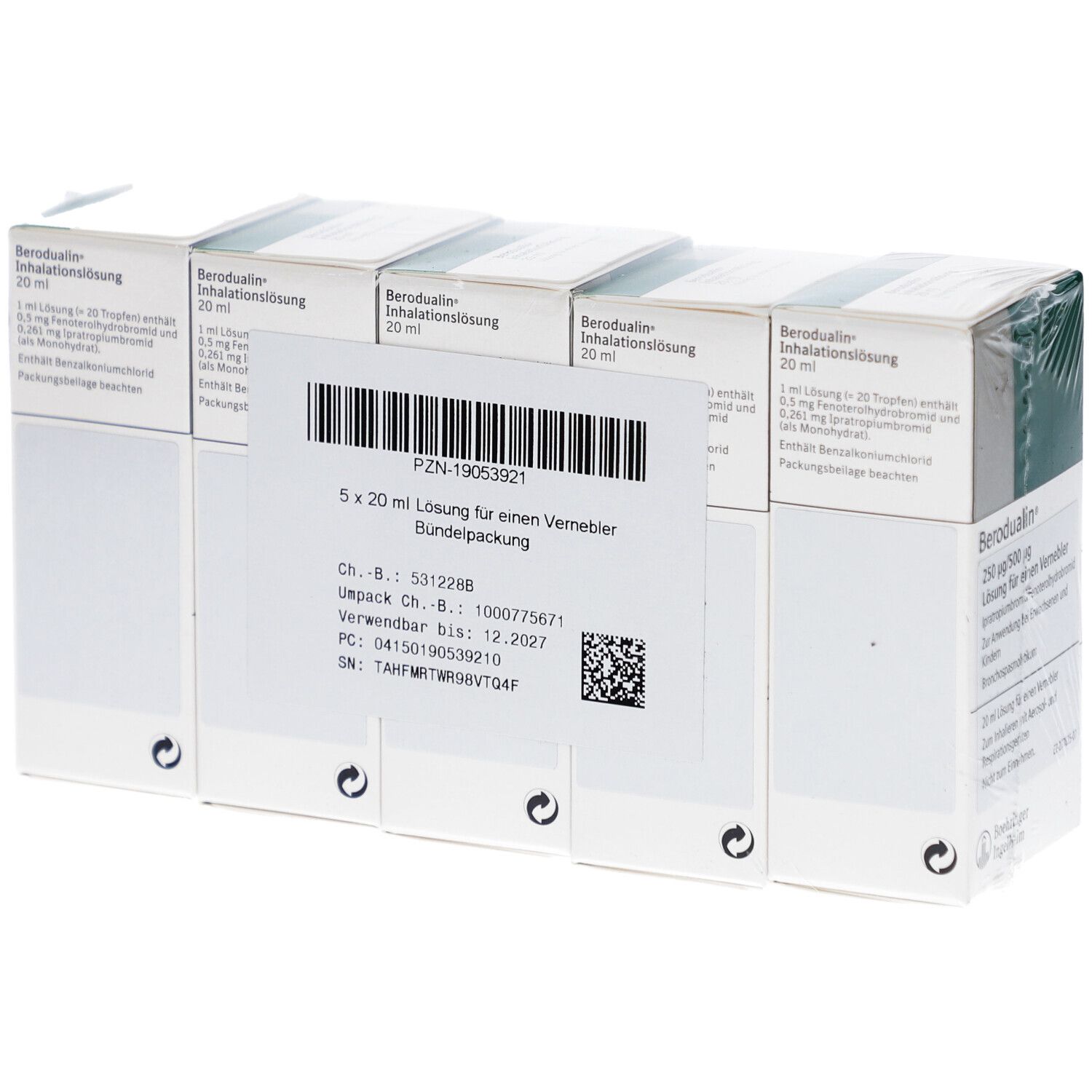 Verpackung mit 5 Schachteln. Aufdruck: Berodualin Inhalationslösung, 20 ml. Etikett mit Barcode und Chargennummer.