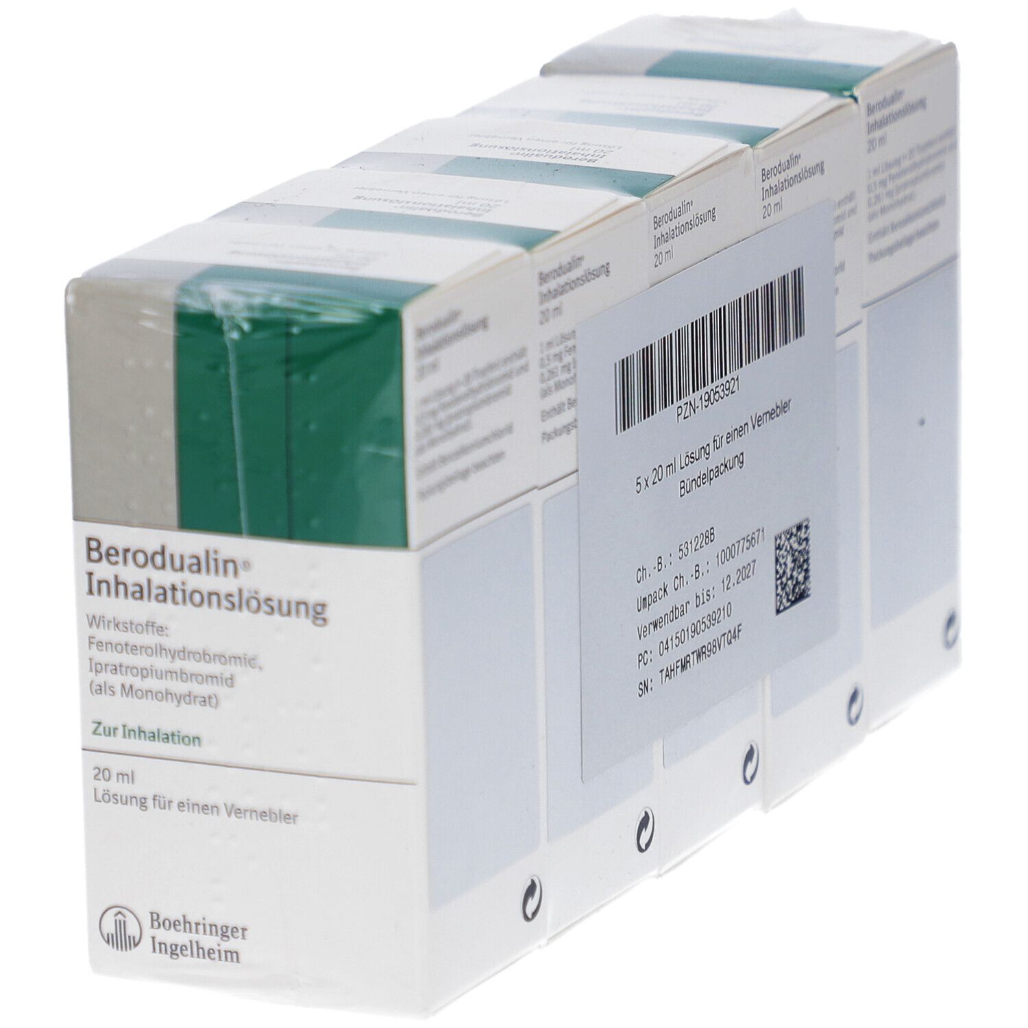 Verpackung mit 4 Schachteln. Aufdruck: Berodualin Inhalationslösung, 20 ml. Boehringer Ingelheim Logo. Etikett mit Barcode.