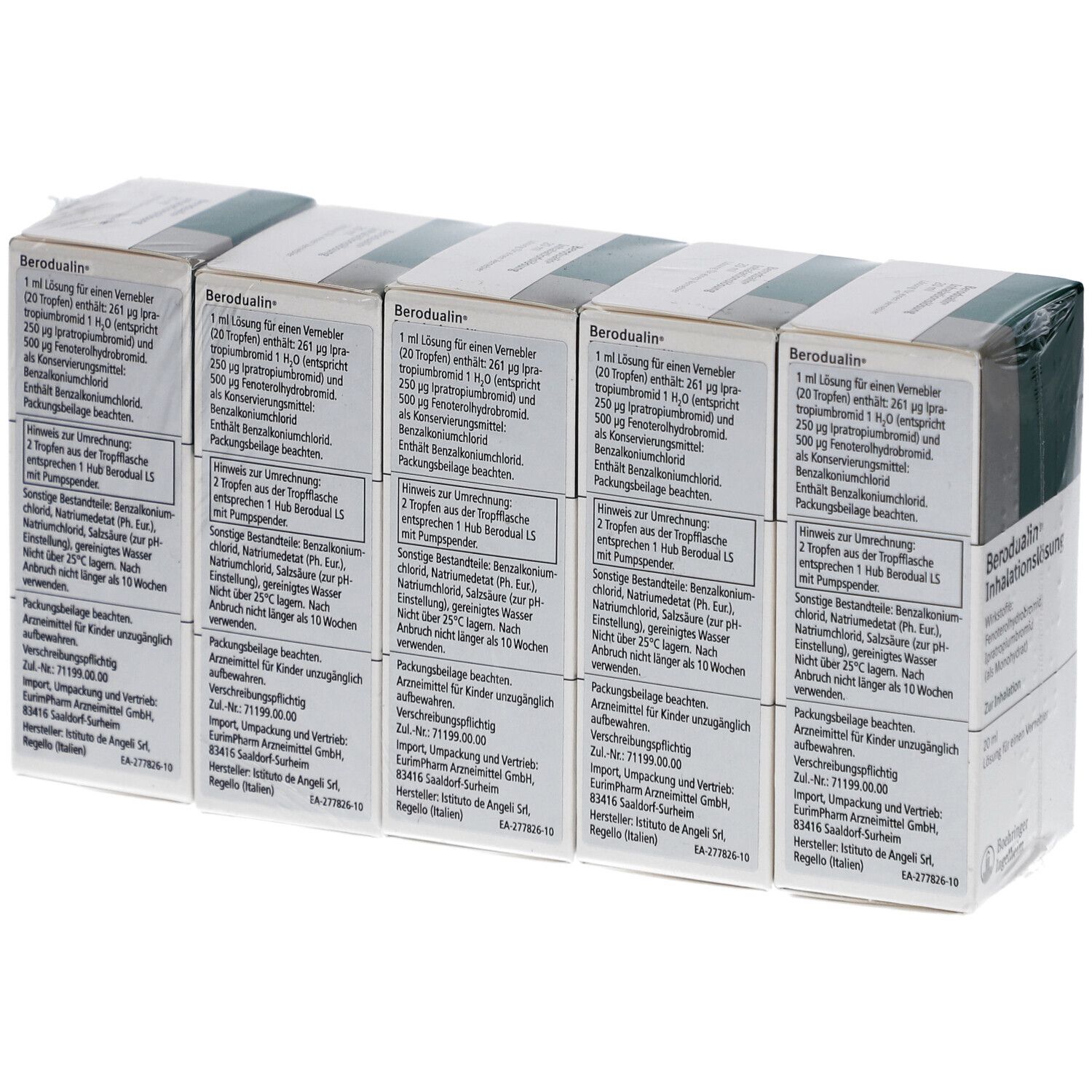 Verpackung mit 6 Schachteln. Aufdruck: Berodualin Inhalationslösung, 20 ml. Text und Inhaltsstoffe. Boehringer Ingelheim Logo.