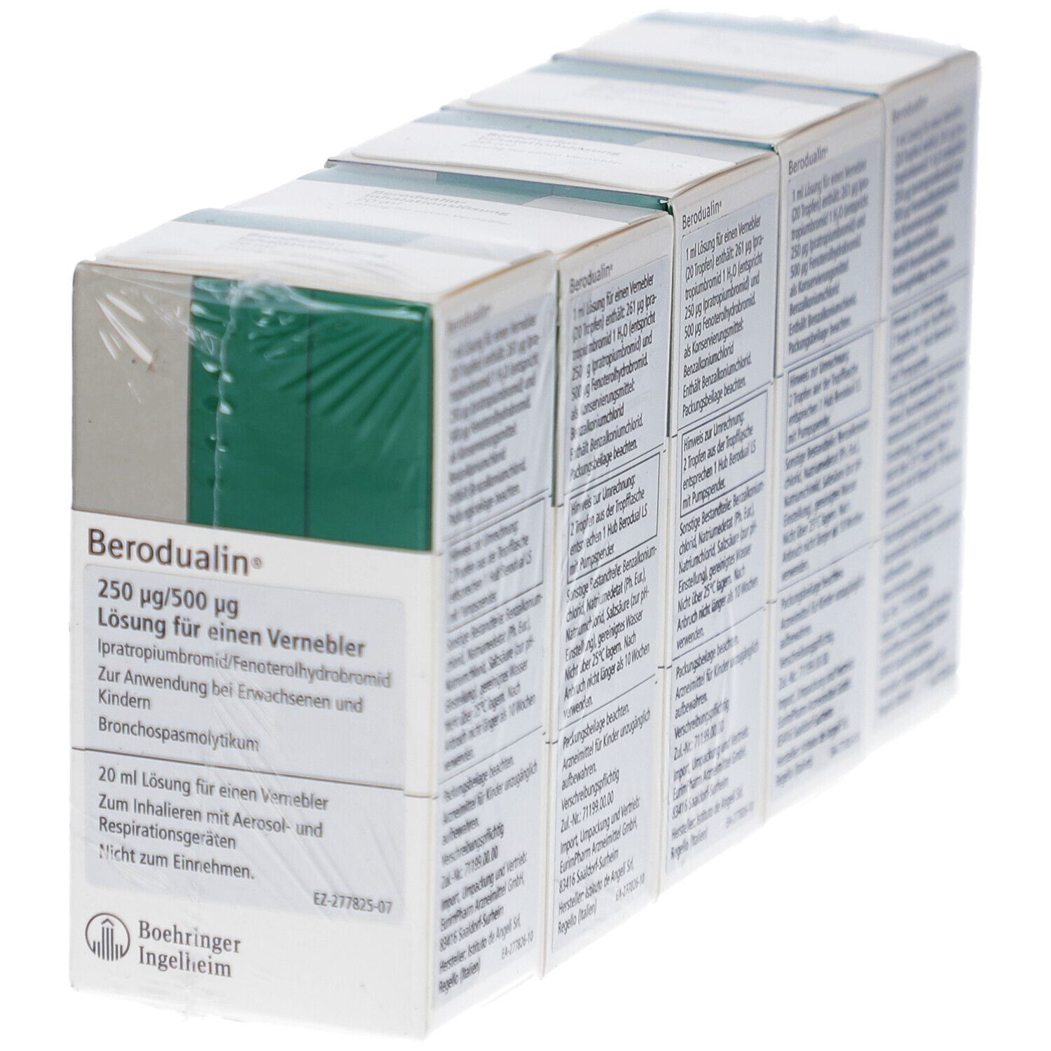 Verpackung mit 6 Schachteln. Aufdruck: Berodualin 250 µg/500 µg Lösung. Boehringer Ingelheim Logo. Text zur Anwendung.