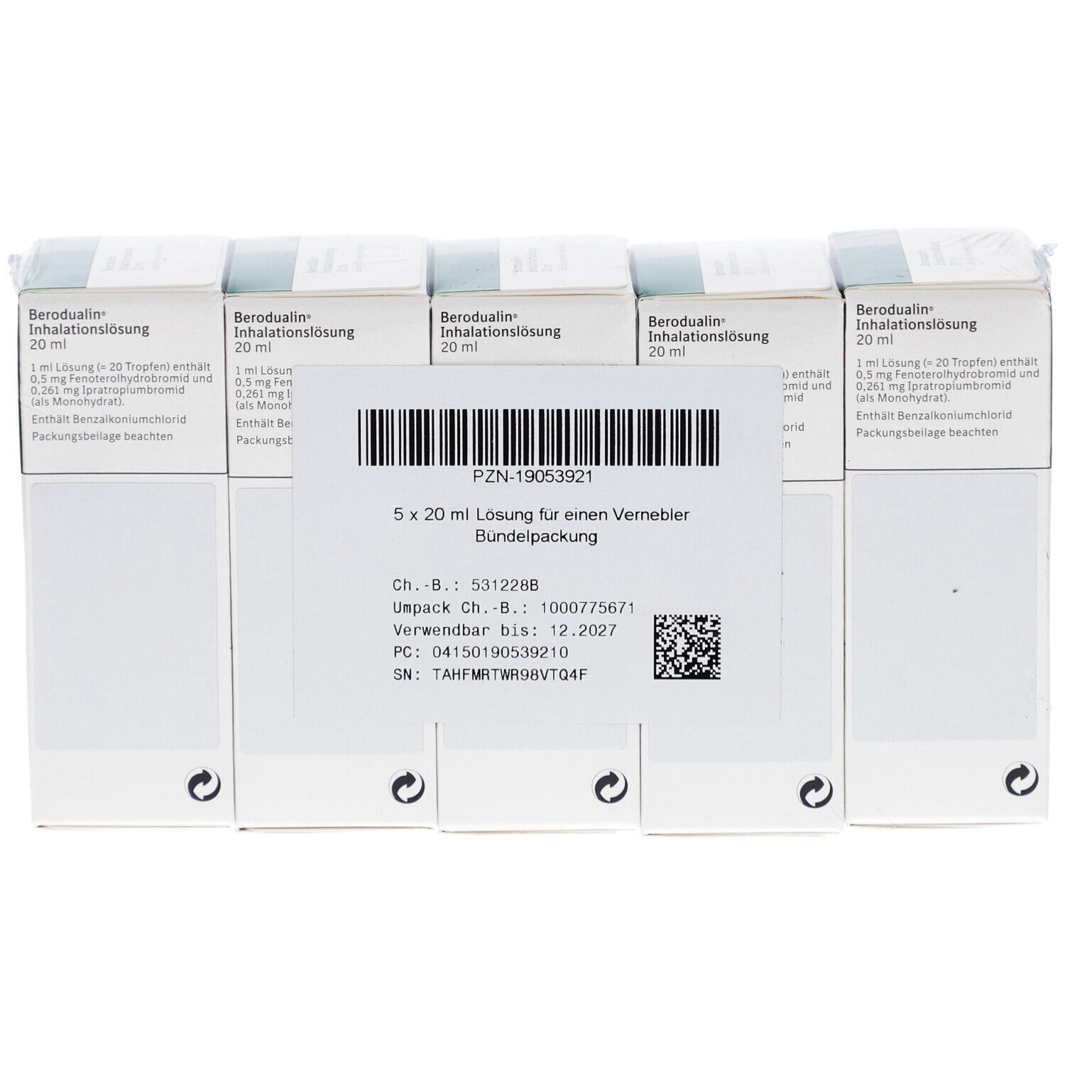 Verpackung mit 5 Schachteln. Aufdruck: Berodualin Inhalationslösung, 20 ml. Etikett mit Barcode und Chargennummer.