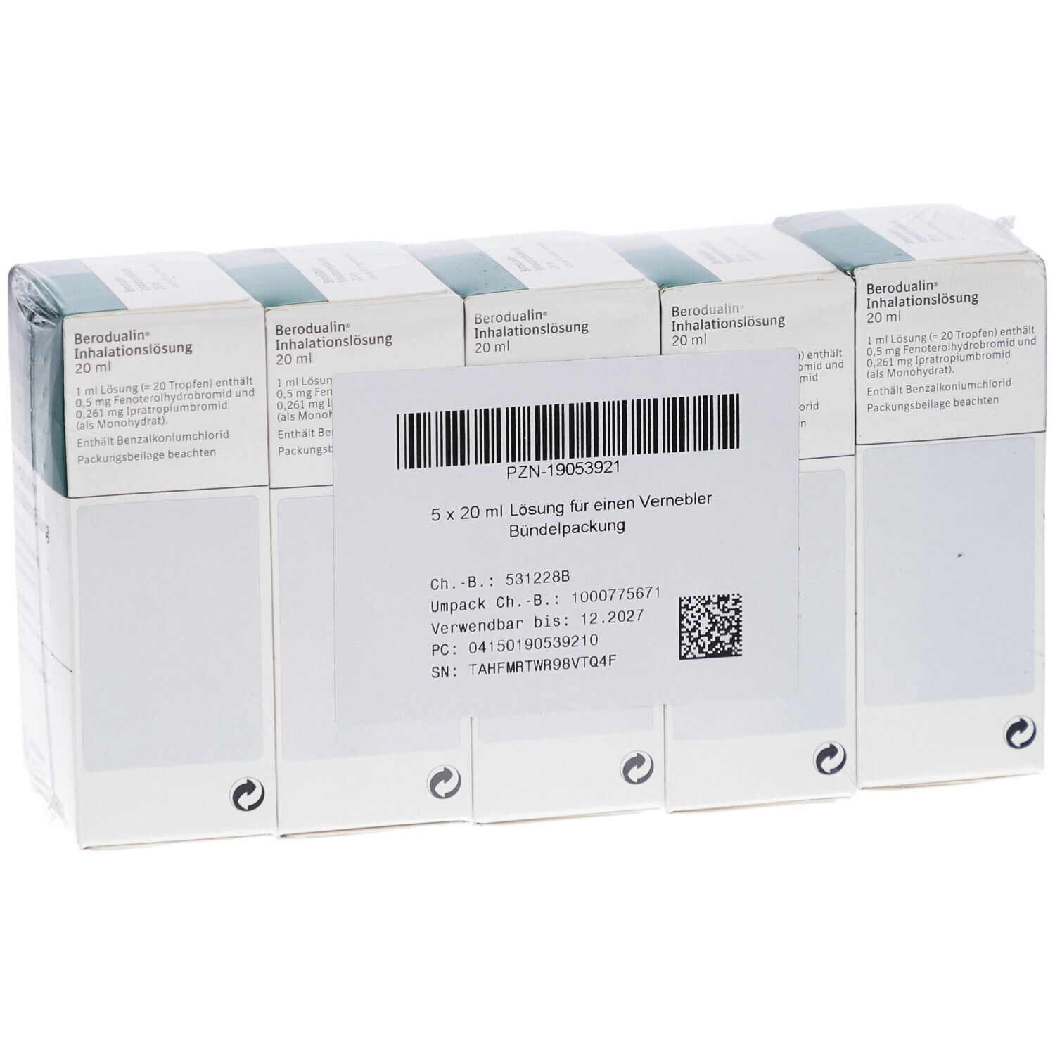 Verpackung mit 4 Schachteln. Aufdruck: Berodualin Inhalationslösung, 20 ml. Etikett mit Barcode und Chargennummer.