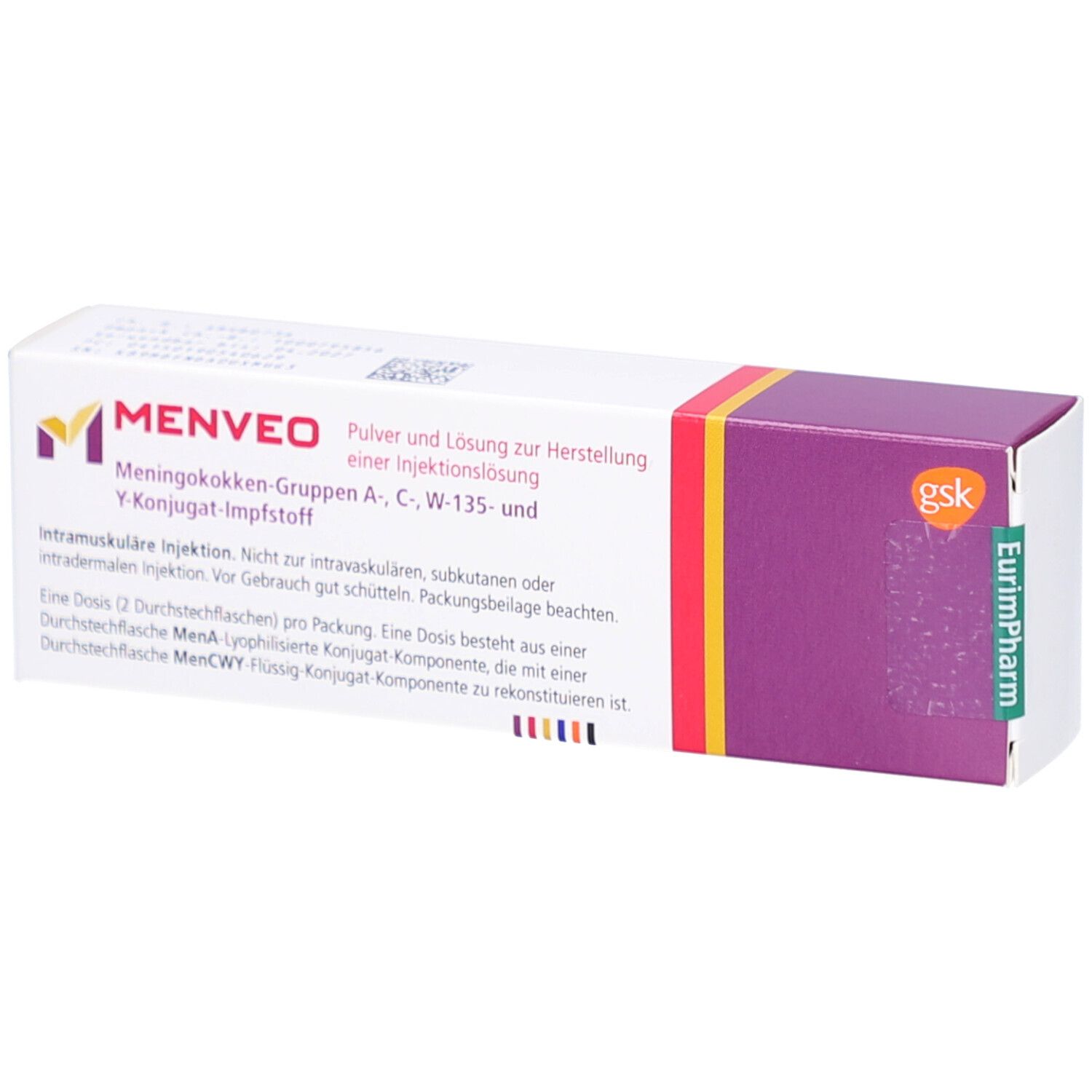 Weißer Karton mit lila und gelben Akzenten. Aufschrift: MENVEO, Meningokokken-Gruppen A, C, W-135- und Y-Konjugat-Impfstoff.