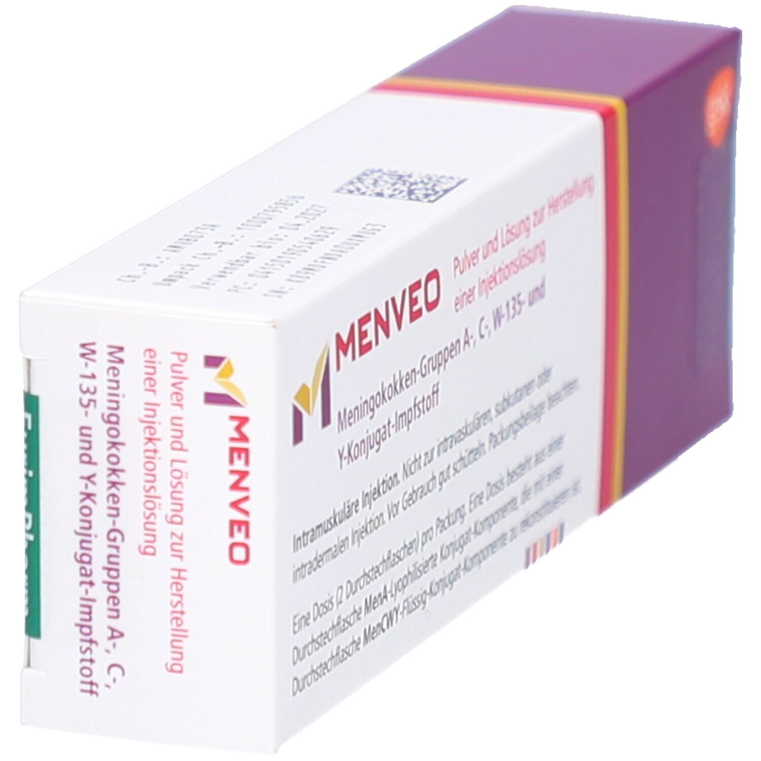 Schräg gestellte Verpackung. Aufschrift: MENVEO, Meningokokken-Gruppen A, C, W-135- und Y-Konjugat-Impfstoff. Lila und gelbe Akzente.