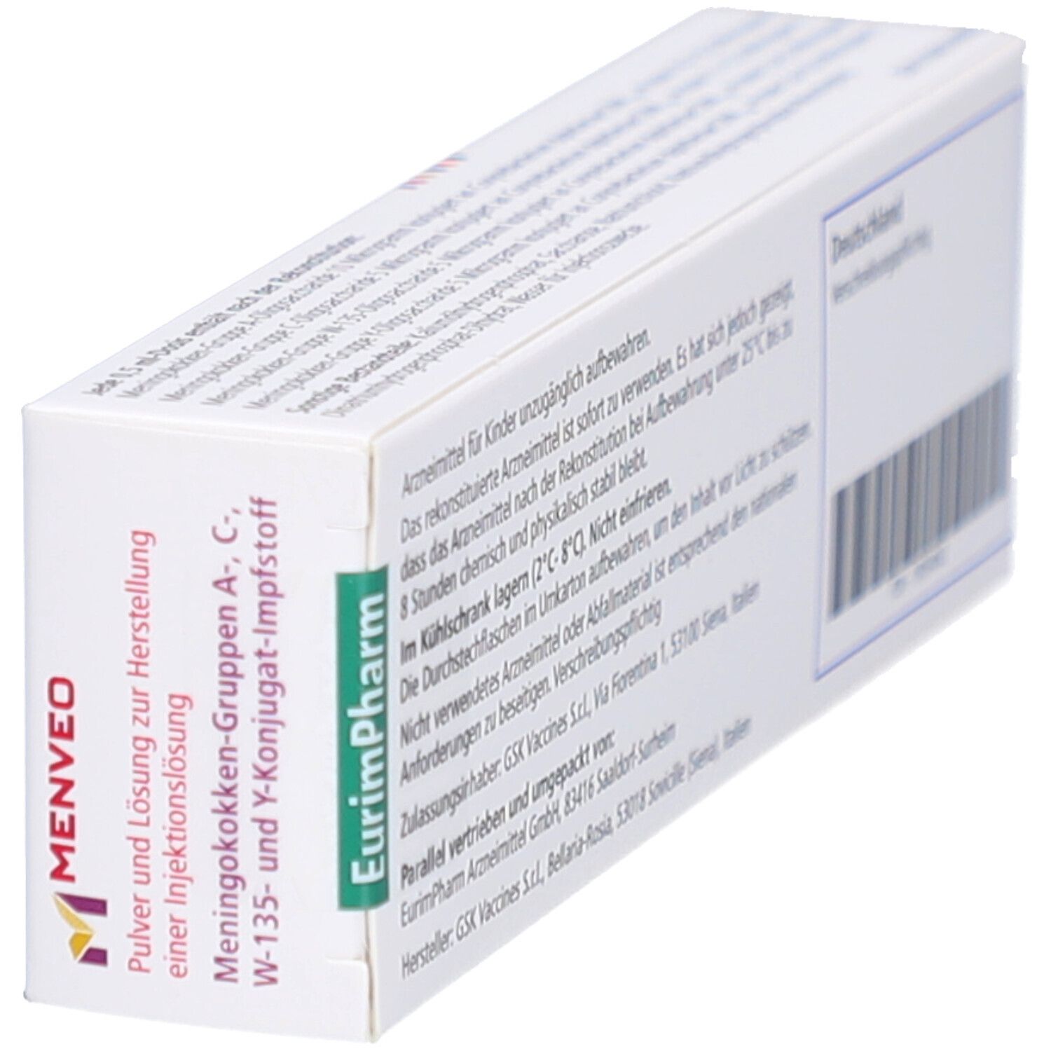 Schräg gestellte Verpackung. Aufschrift: MENVEO, Meningokokken-Gruppen A, C, W-135- und Y-Konjugat-Impfstoff. Grüne Markierung.