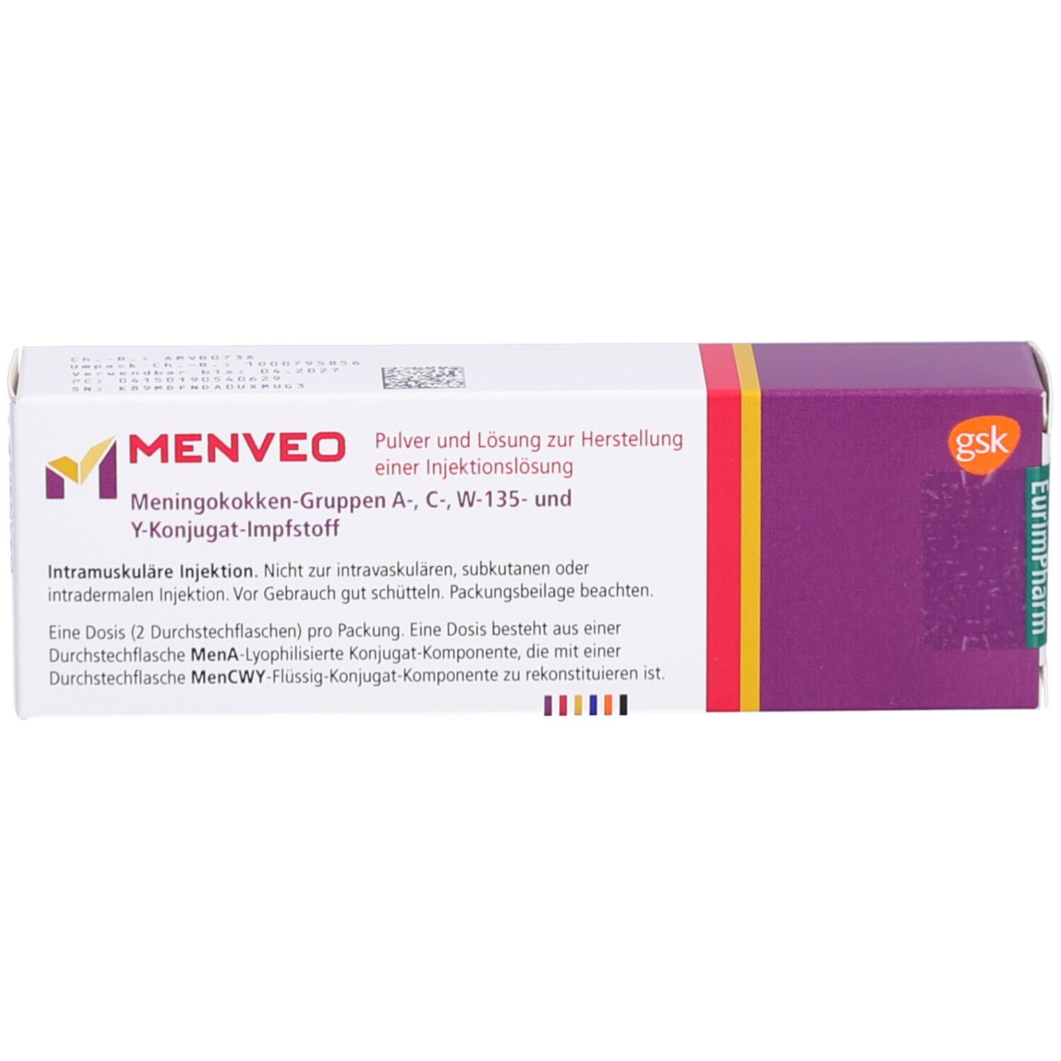Verpackung von MENVEO. Aufschrift: Meningokokken-Gruppen A, C, W-135- und Y-Konjugat-Impfstoff. Weißer Karton mit lila und gelben Akzenten.