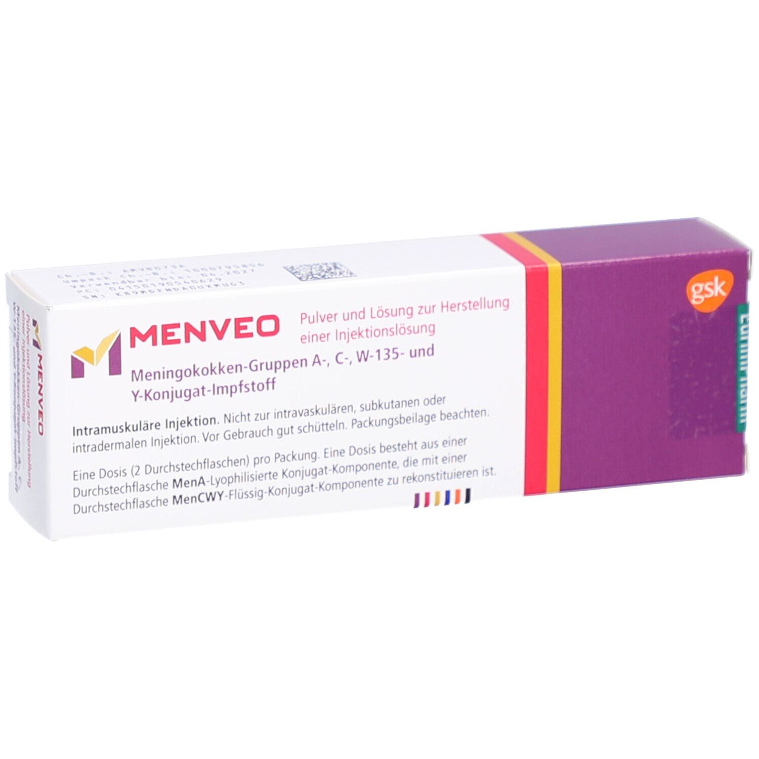 Verpackung von MENVEO. Aufschrift: Meningokokken-Gruppen A, C, W-135- und Y-Konjugat-Impfstoff. Lila, gelbe und weiße Details.