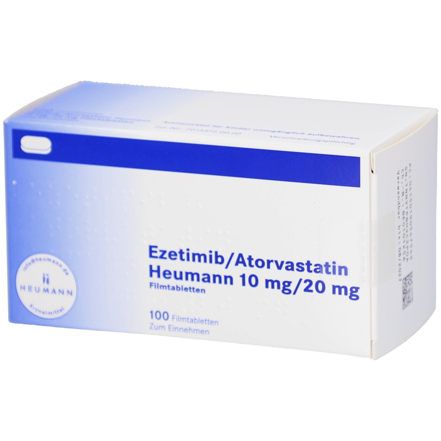 Weiße Arzneimittelverpackung mit blauer Markierung. Beschriftung: Ezetimib/Atorvastatin Heumann 10 mg/20 mg Filmtab. 100 Filmtabletten.