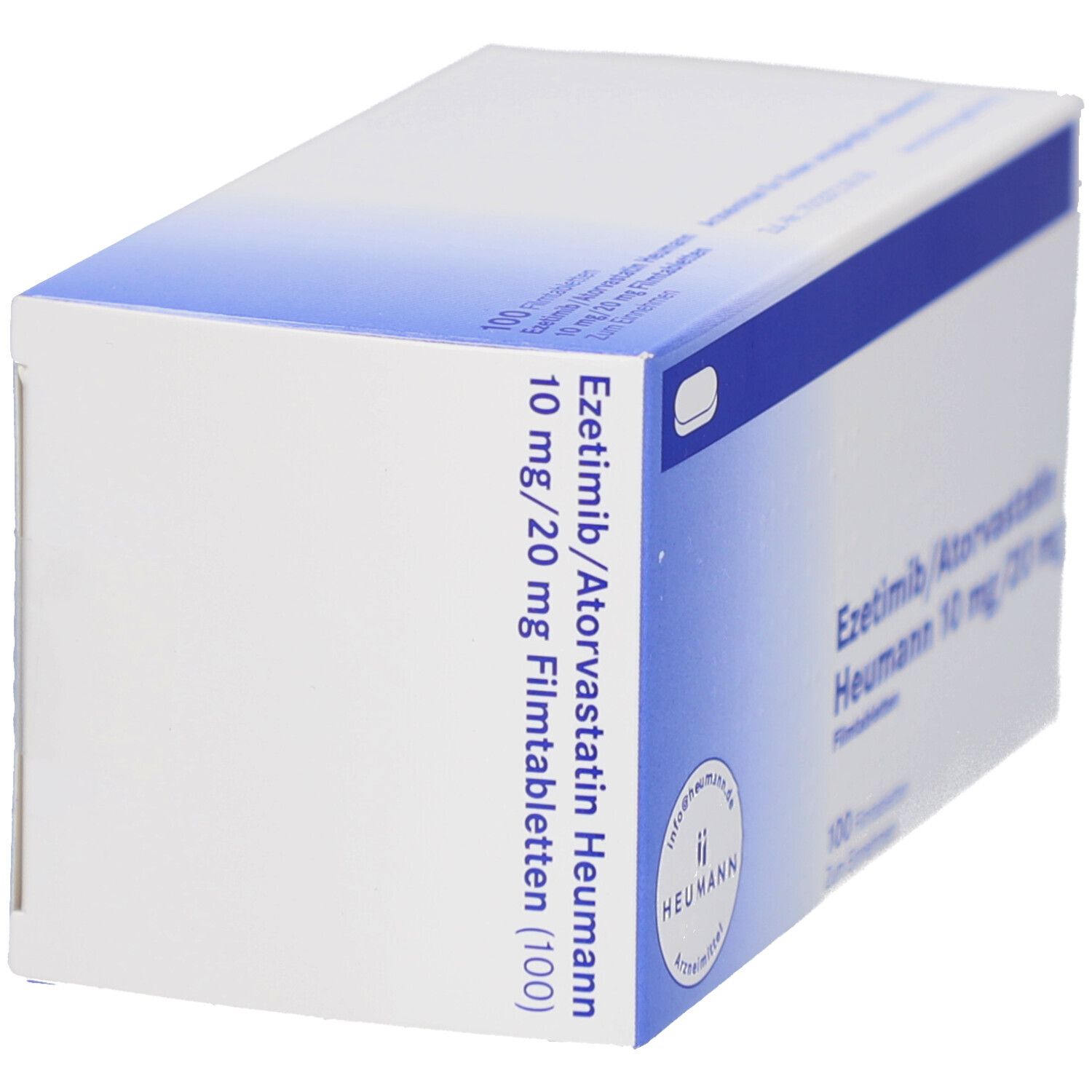 Arzneimittelverpackung, weiß mit blauer Markierung. Beschriftung: Ezetimib/Atorvastatin Heumann 10 mg/20 mg Filmtab (100).