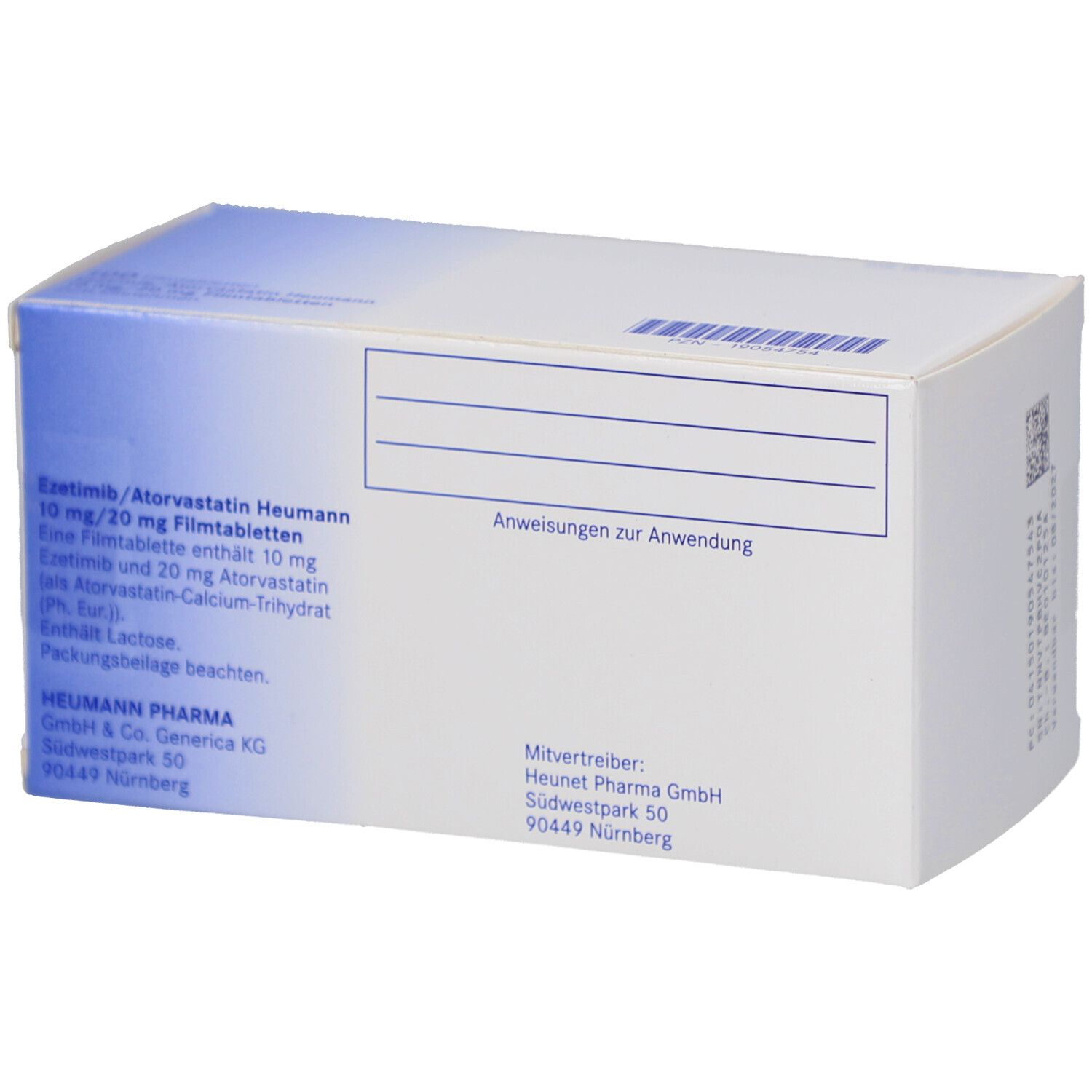 Rückseite einer weißen Arzneimittelverpackung mit blauer Markierung. Text: Ezetimib/Atorvastatin Heumann 10 mg/20 mg Filmtab.