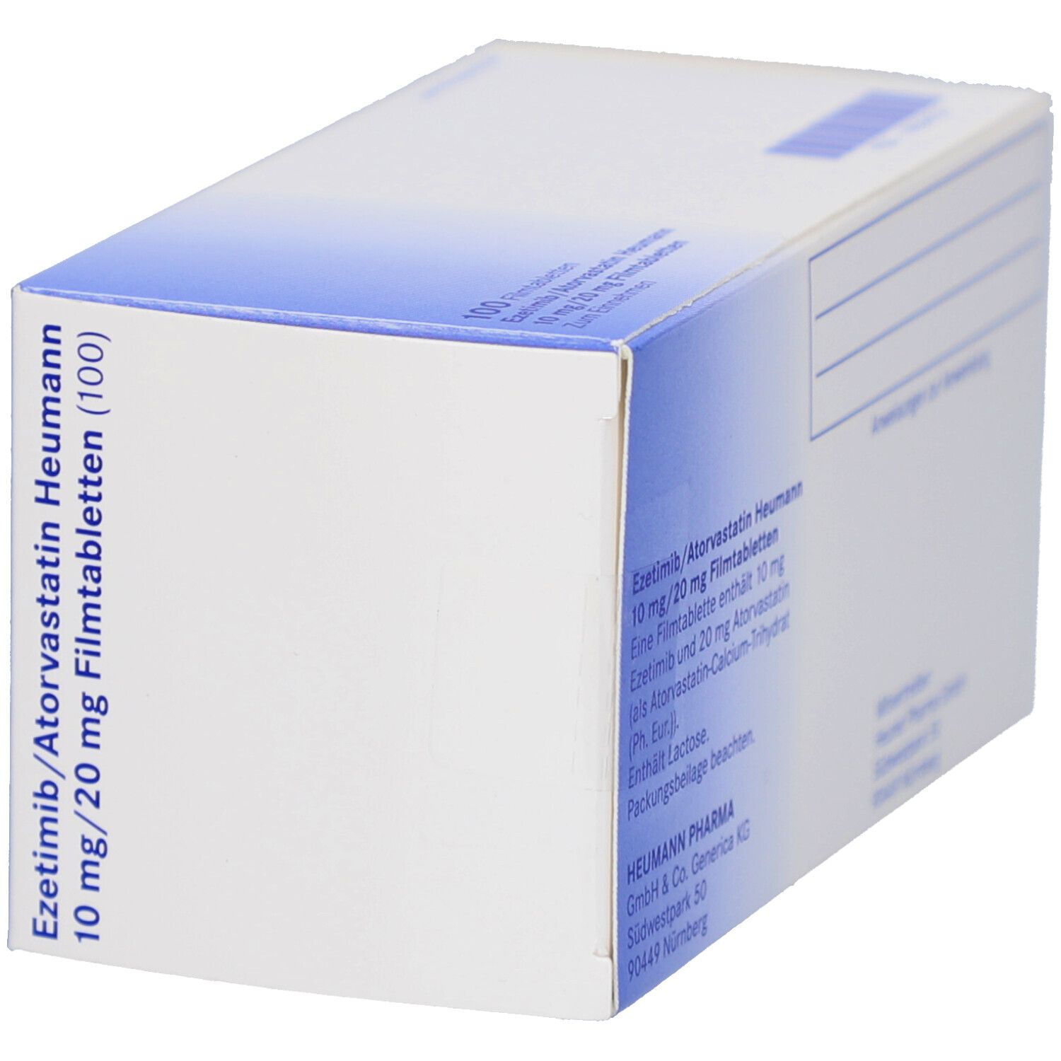 Arzneimittelverpackung, weiß mit blauer Markierung. Beschriftung: Ezetimib/Atorvastatin Heumann 10 mg/20 mg Filmtab (100).