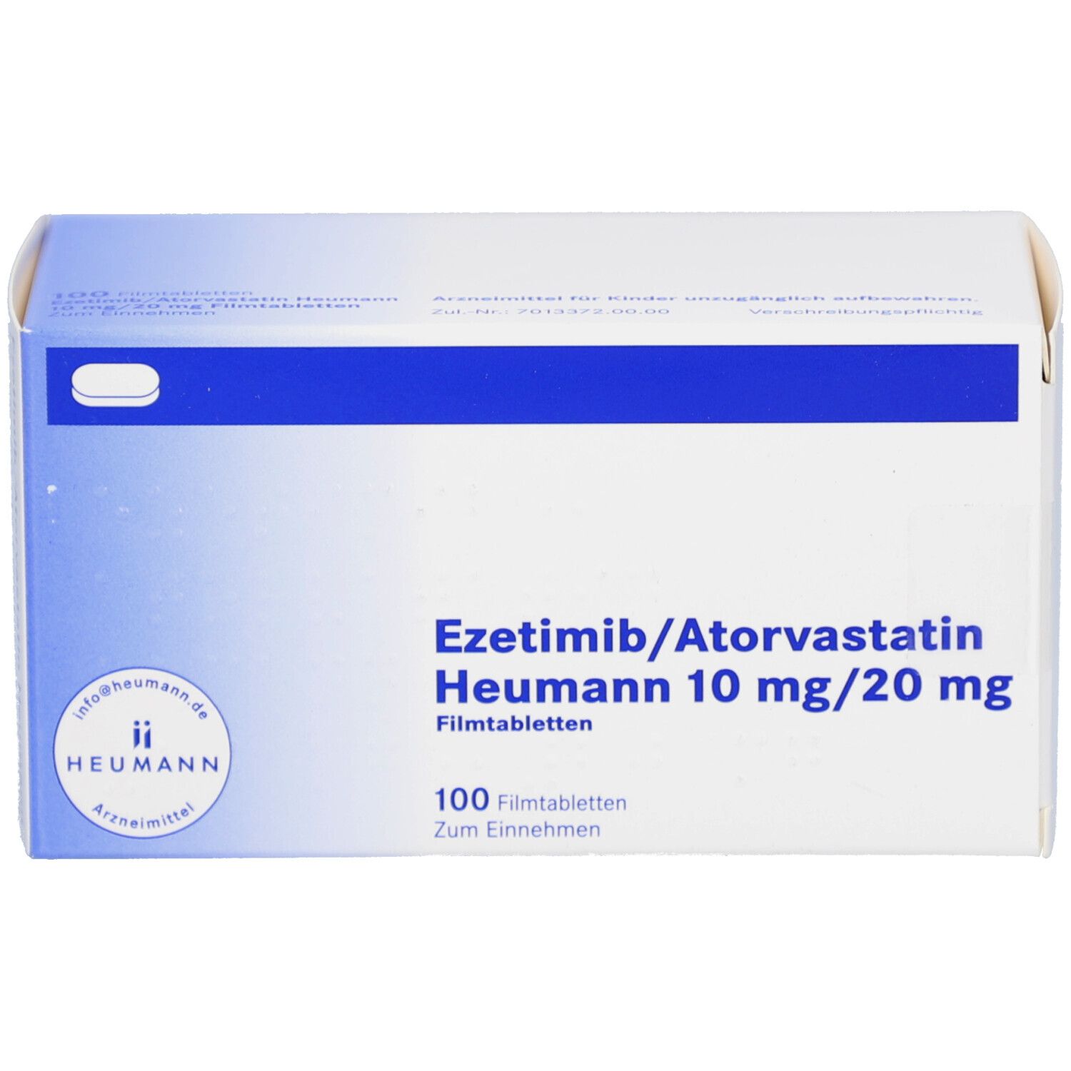 Weiße Arzneimittelverpackung mit blauer Markierung. Beschriftung: Ezetimib/Atorvastatin Heumann 10 mg/20 mg Filmtab. 100 Filmtabletten.