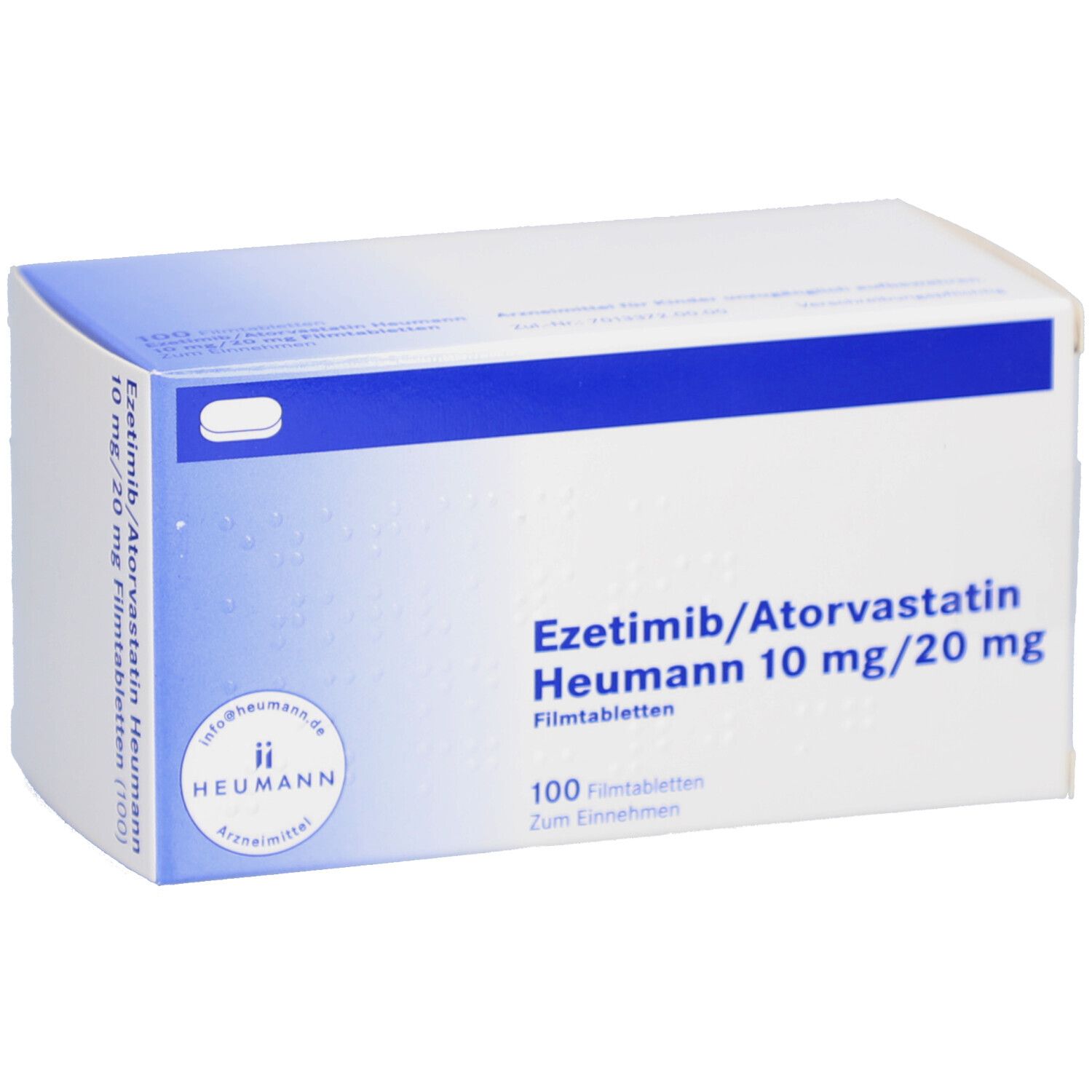 Weiße Arzneimittelverpackung mit blauer Markierung. Beschriftung: Ezetimib/Atorvastatin Heumann 10 mg/20 mg Filmtab. 100 Filmtabletten.