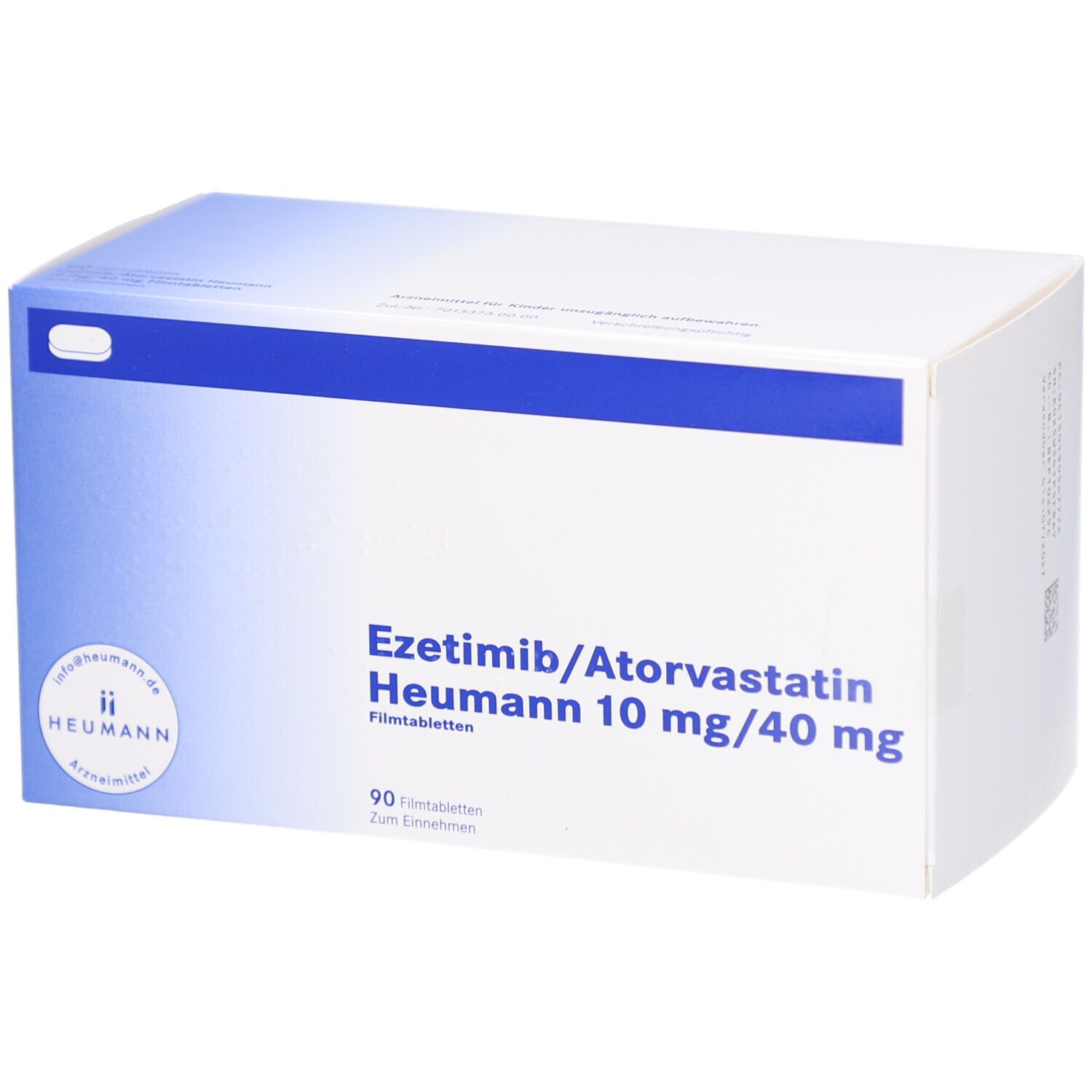 Weiße Schachtel mit blauer Umrandung. Aufschrift: Ezetimib/Atorvastatin Heumann 10 mg/40 mg Filmtabletten. 90 Filmtabletten.