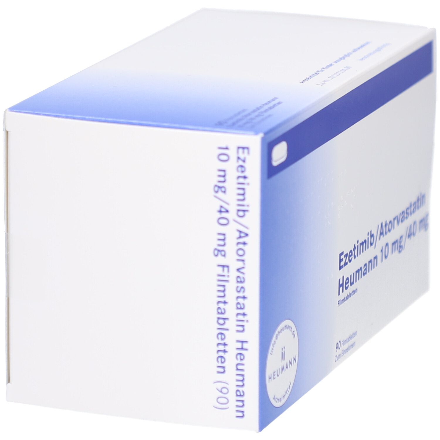 Weiße Schachtel mit blauer Umrandung. Aufschrift: Ezetimib/Atorvastatin Heumann 10 mg/40 mg Filmtabletten (90). Heumann Logo.