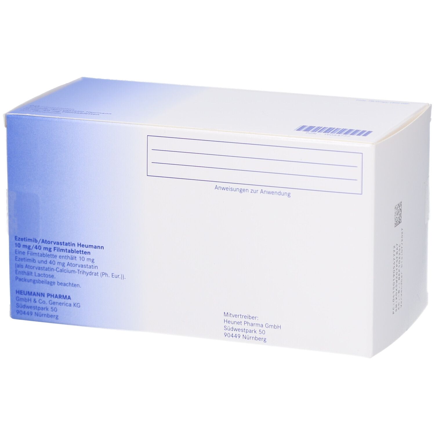 Rückseite einer weißen Schachtel mit blauer Umrandung. Text: Ezetimib/Atorvastatin Heumann 10 mg/40 mg Filmtabletten. Herstellerinformationen.